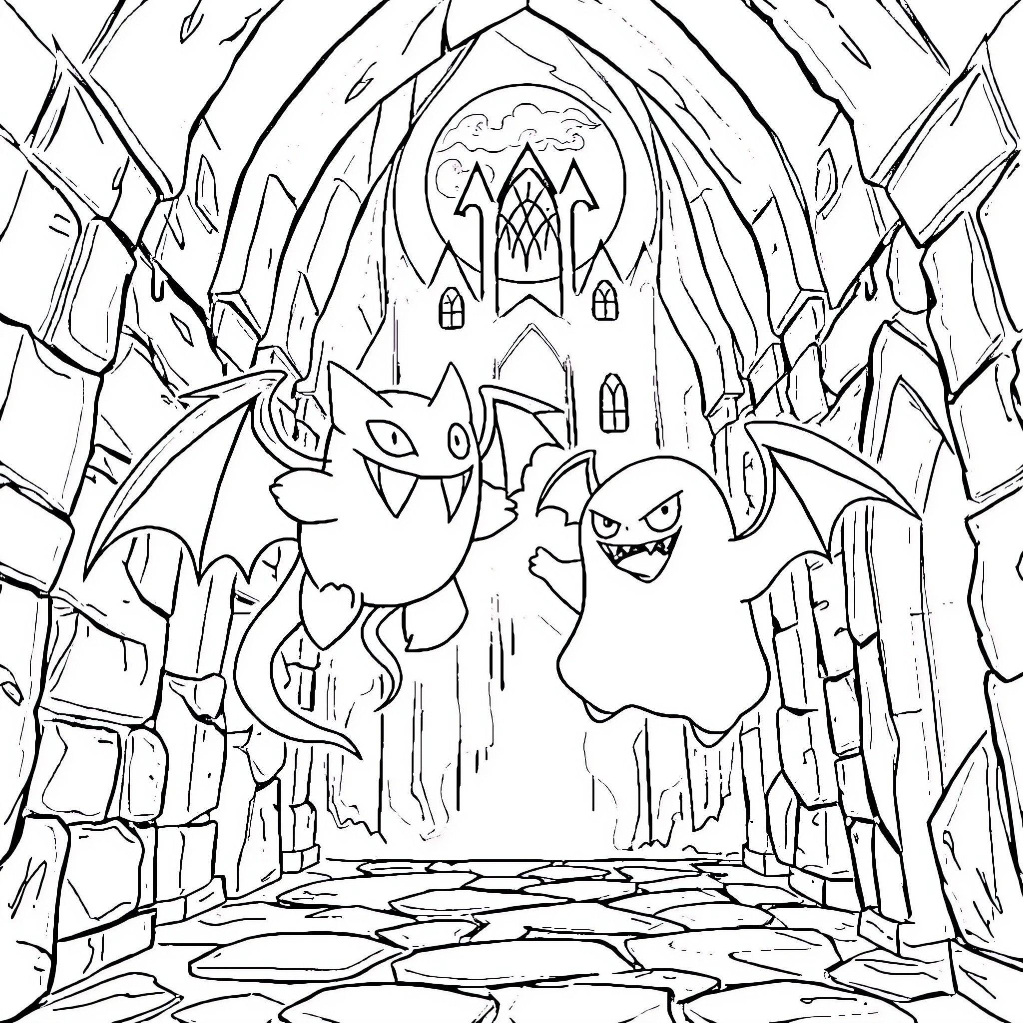 Ghost Creatures Exploring Mysterious Castle Coloring Page (free black-and-white line drawing printable PDF for all, from beginners to advanced learners, including children, teens, adults, and seniors)