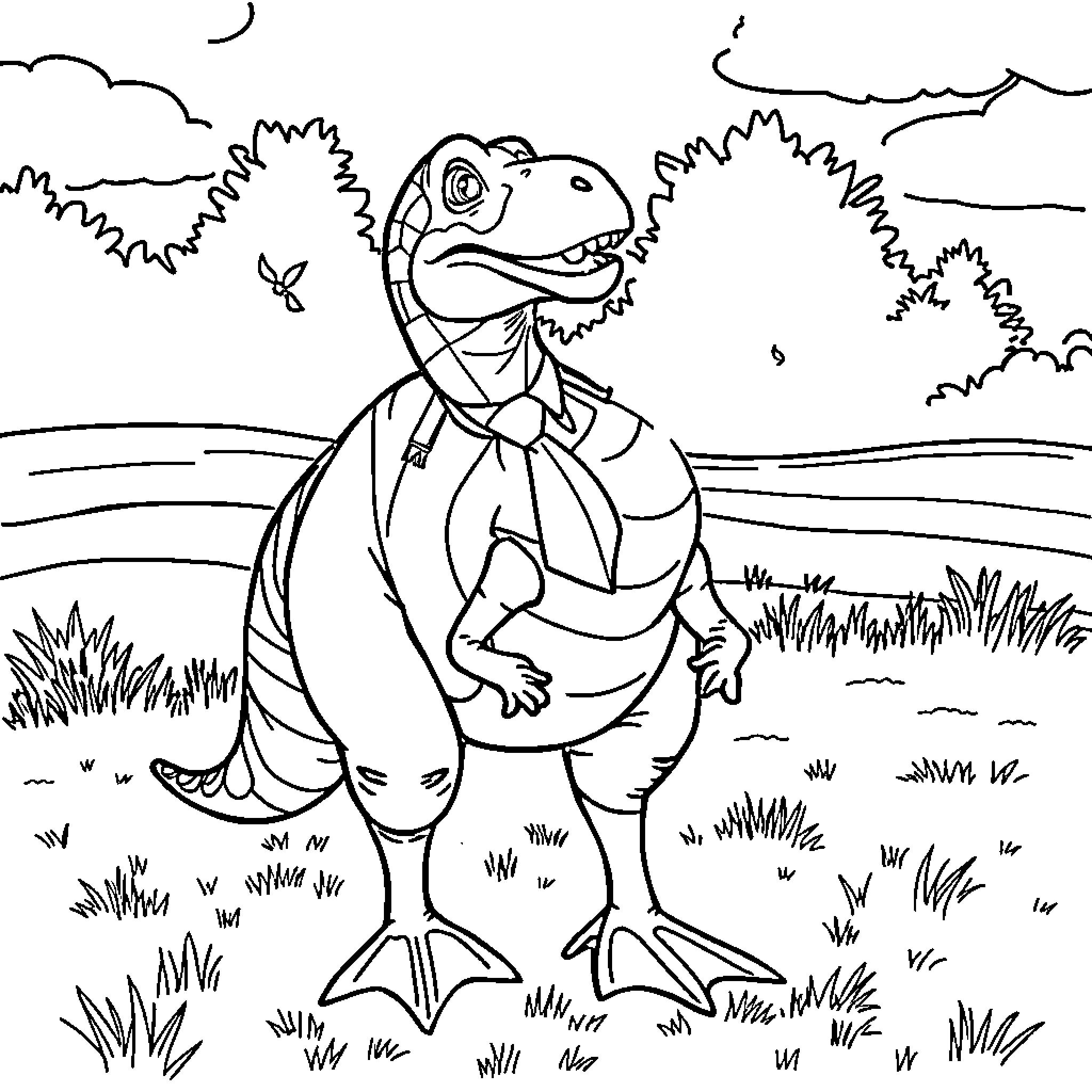 Dino exploring the outdoor landscape Coloring Page (free black-and-white line drawing printable PDF for all, from beginners to advanced learners, including children, teens, adults, and seniors)