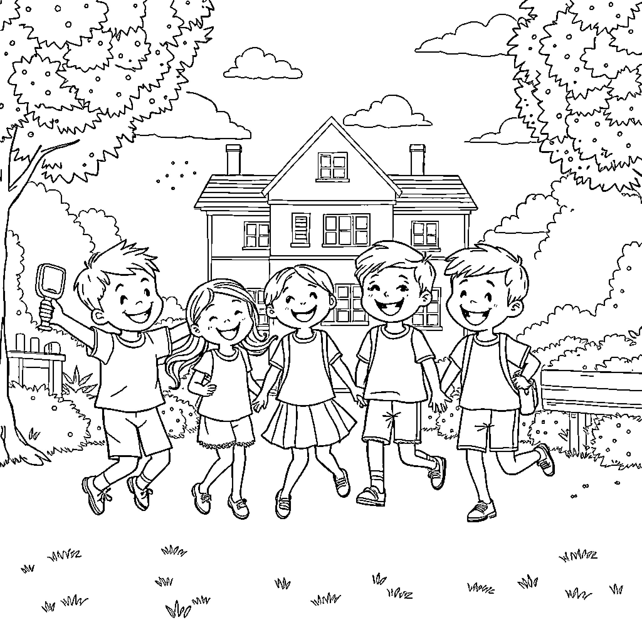Enfant Joyeux Jouant Ensemble Devant Maison Coloring Page (free black-and-white line drawing printable PDF for all, from beginners to advanced learners, including children, teens, adults, and seniors)