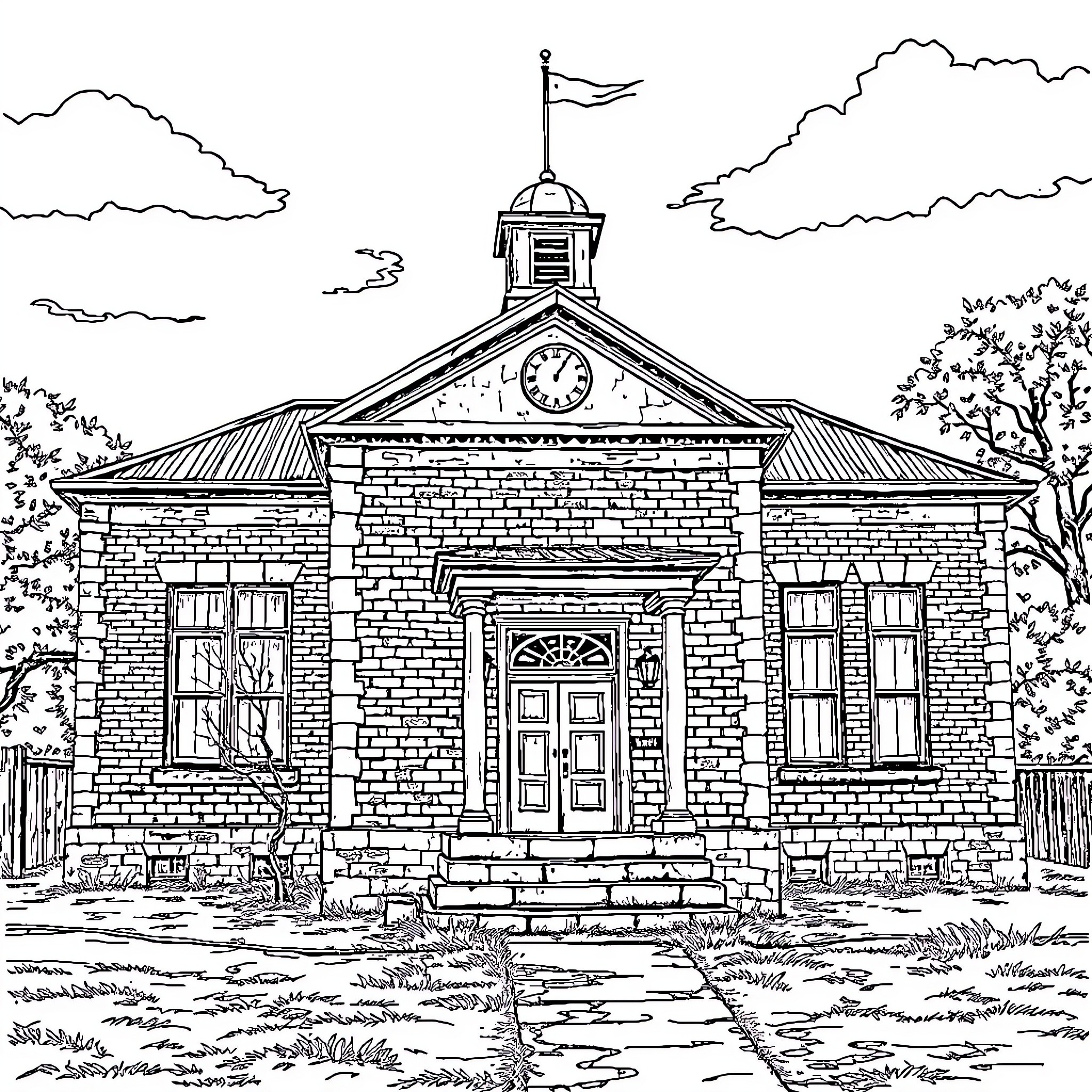 School with Historic Architecture and Landscaping Coloring Page (free black-and-white line drawing printable PDF for all, from beginners to advanced learners, including children, teens, adults, and seniors)
