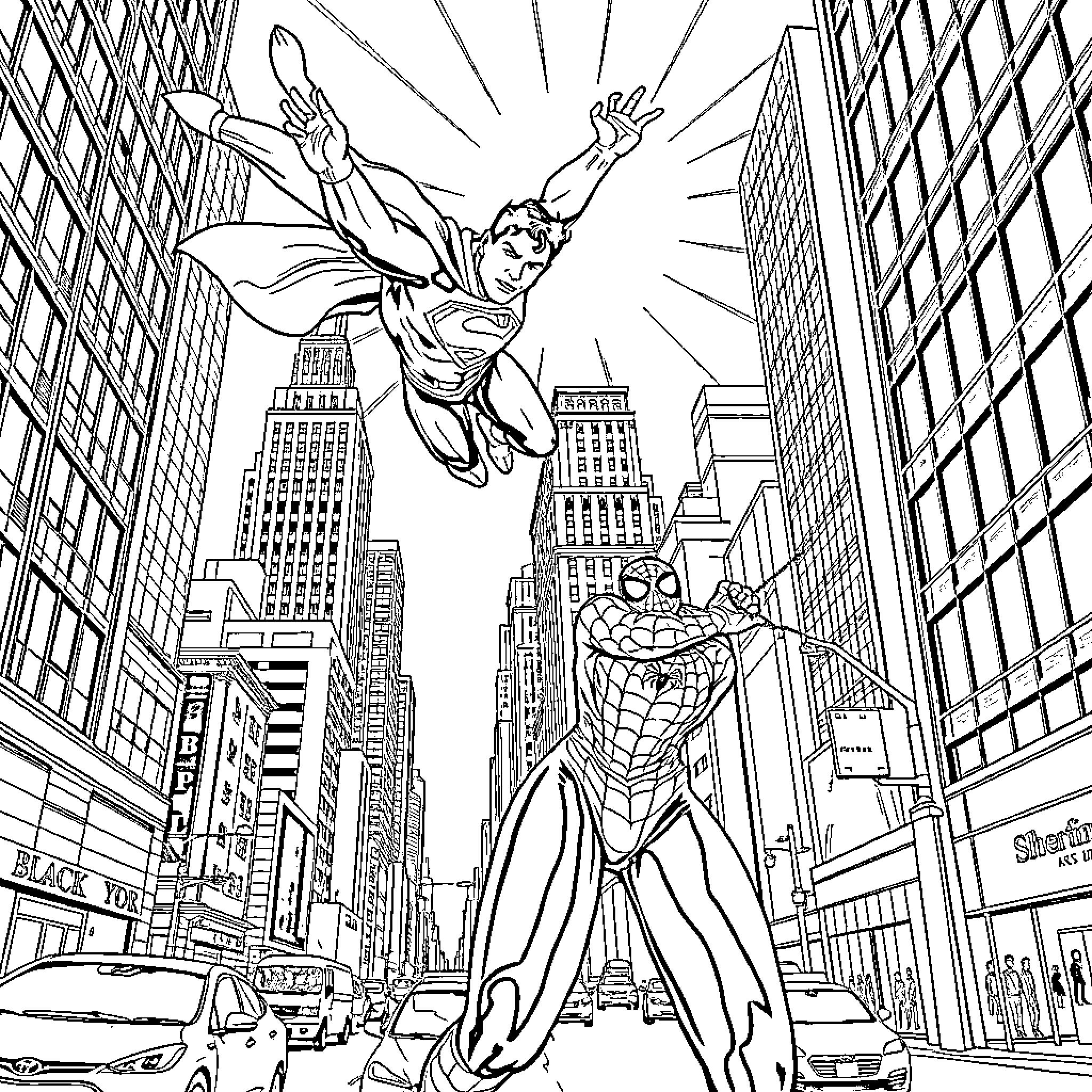 Superman soaring heroically over the city skyline Coloring Page (free black-and-white line drawing printable PDF for all, from beginners to advanced learners, including children, teens, adults, and seniors)
