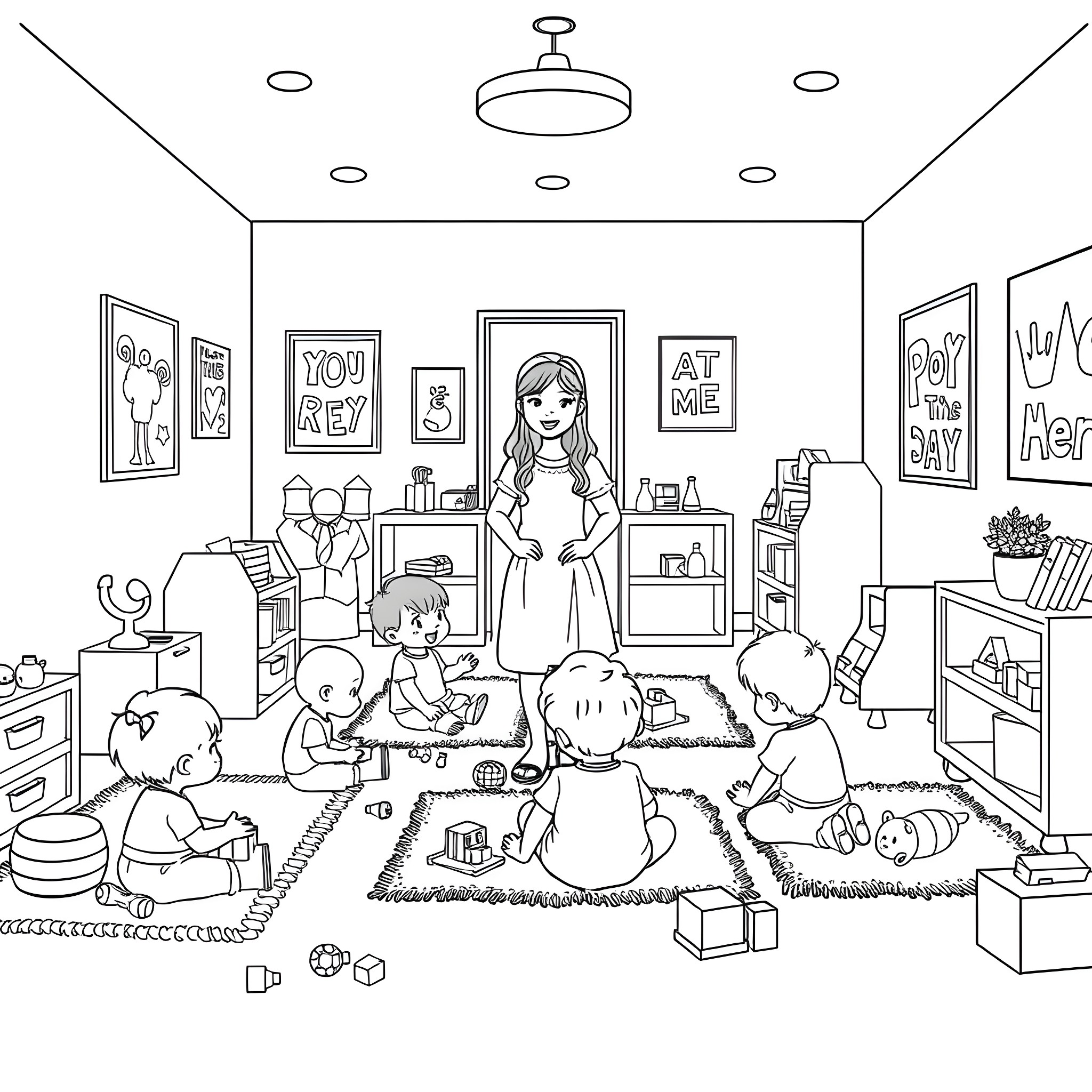 Nursery with children playing and interacting Coloring Page (free black-and-white line drawing printable PDF for all, from beginners to advanced learners, including children, teens, adults, and seniors)