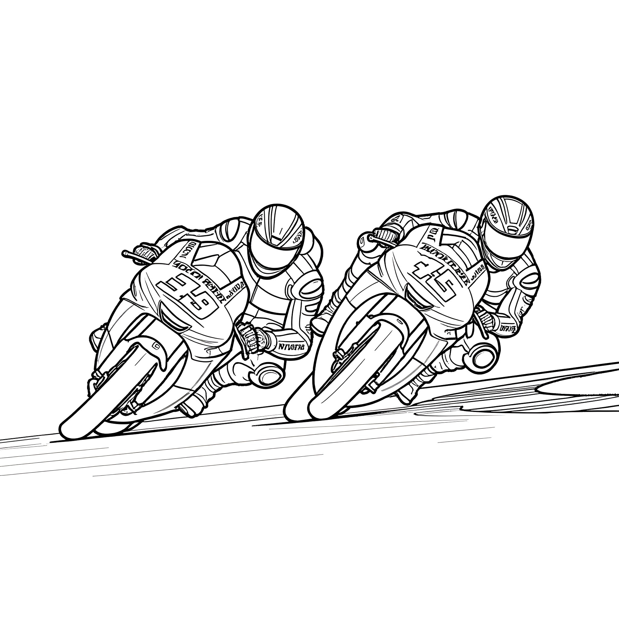 Motorcycle Racing Intense Speed and Competition Coloring Page (free black-and-white line drawing printable PDF for all, from beginners to advanced learners, including children, teens, adults, and seniors)