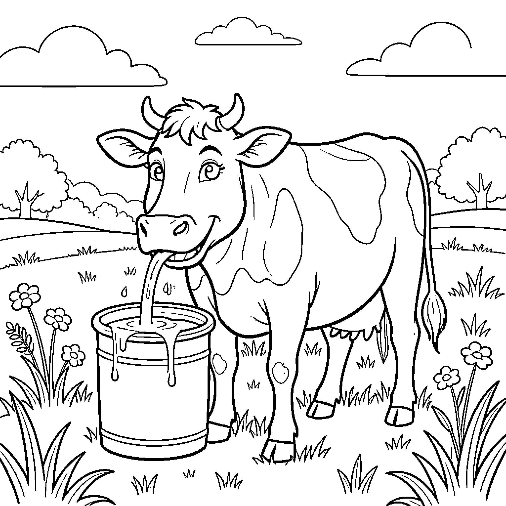 Vaca drinking from a bucket in a grassy field Coloring Page (free black-and-white line drawing printable PDF for all, from beginners to advanced learners, including children, teens, adults, and seniors)
