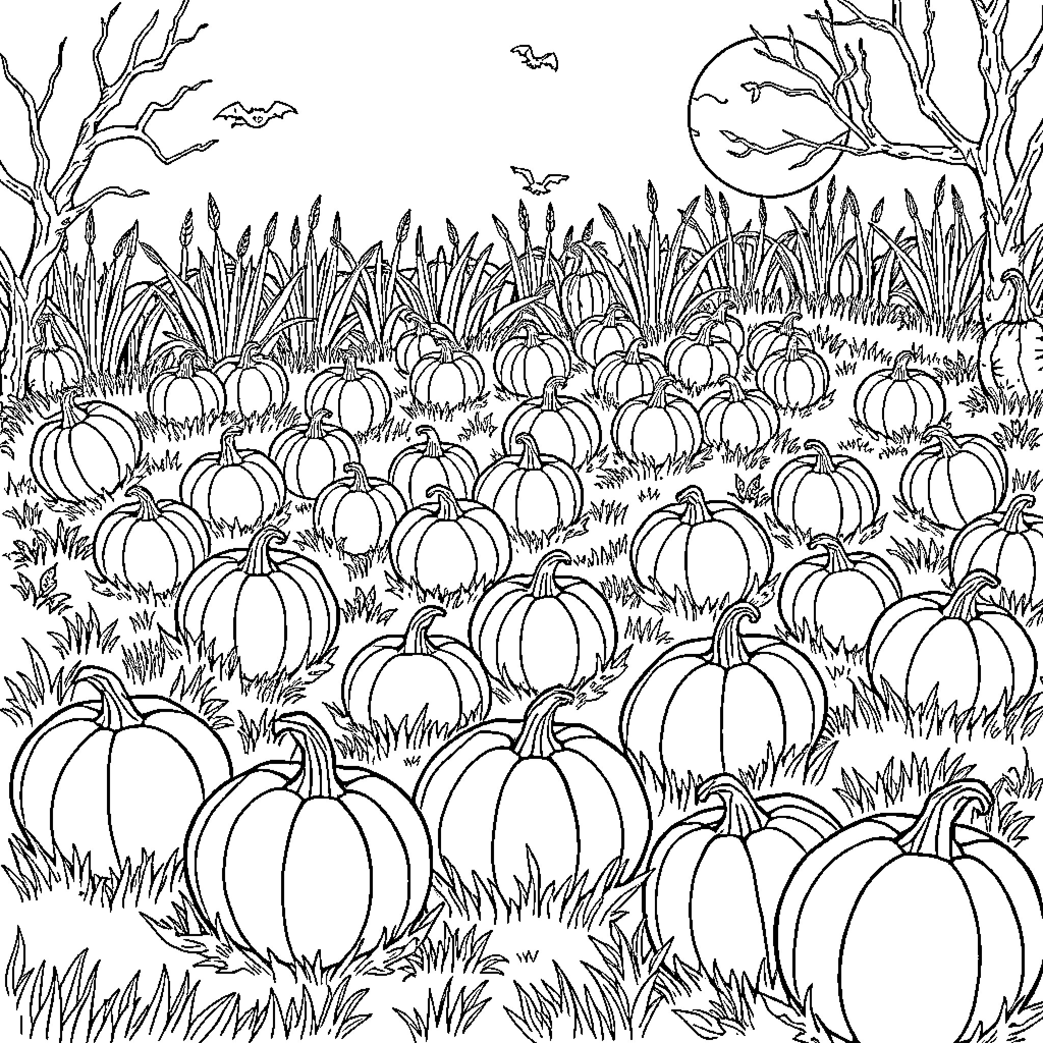 Pumpkin Patch Under the Harvest Moon Coloring Page (free black-and-white line drawing printable PDF for all, from beginners to advanced learners, including children, teens, adults, and seniors)