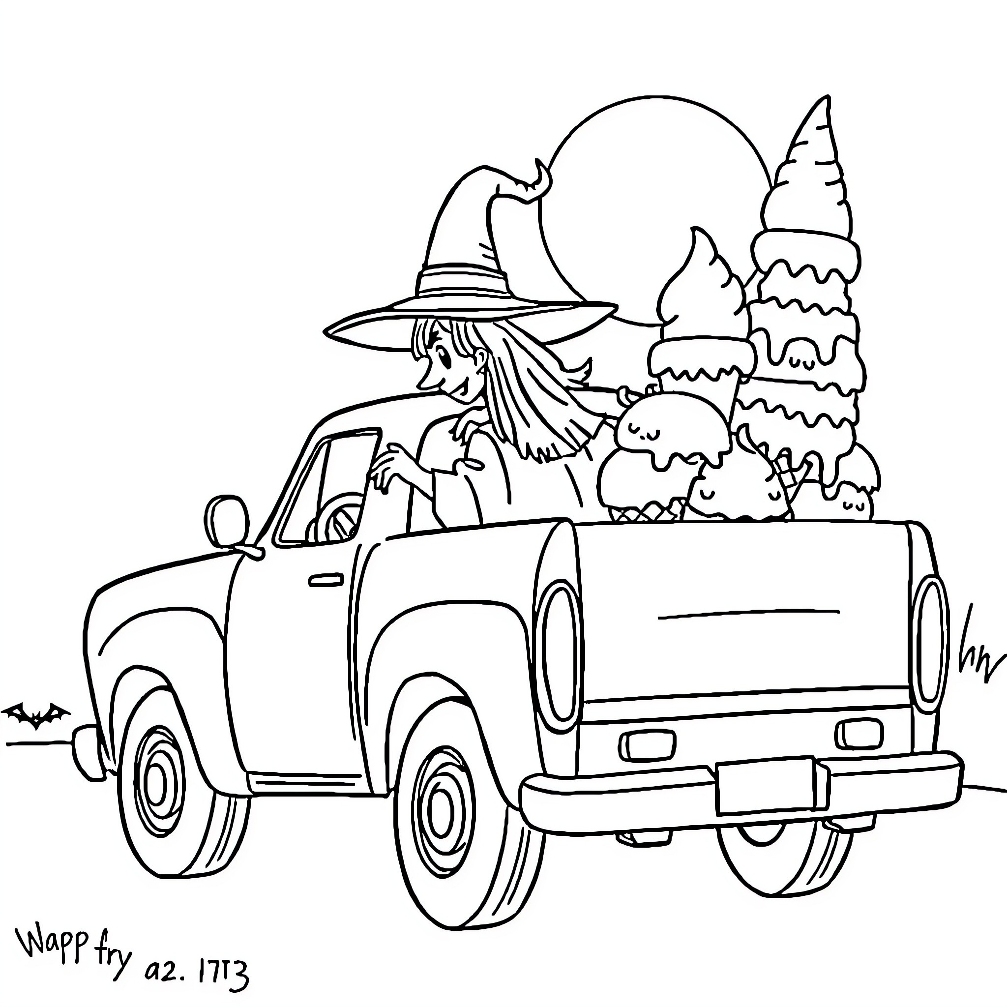 Witch driving a pickup truck in the forest Coloring Page (free black-and-white line drawing printable PDF for all, from beginners to advanced learners, including children, teens, adults, and seniors)
