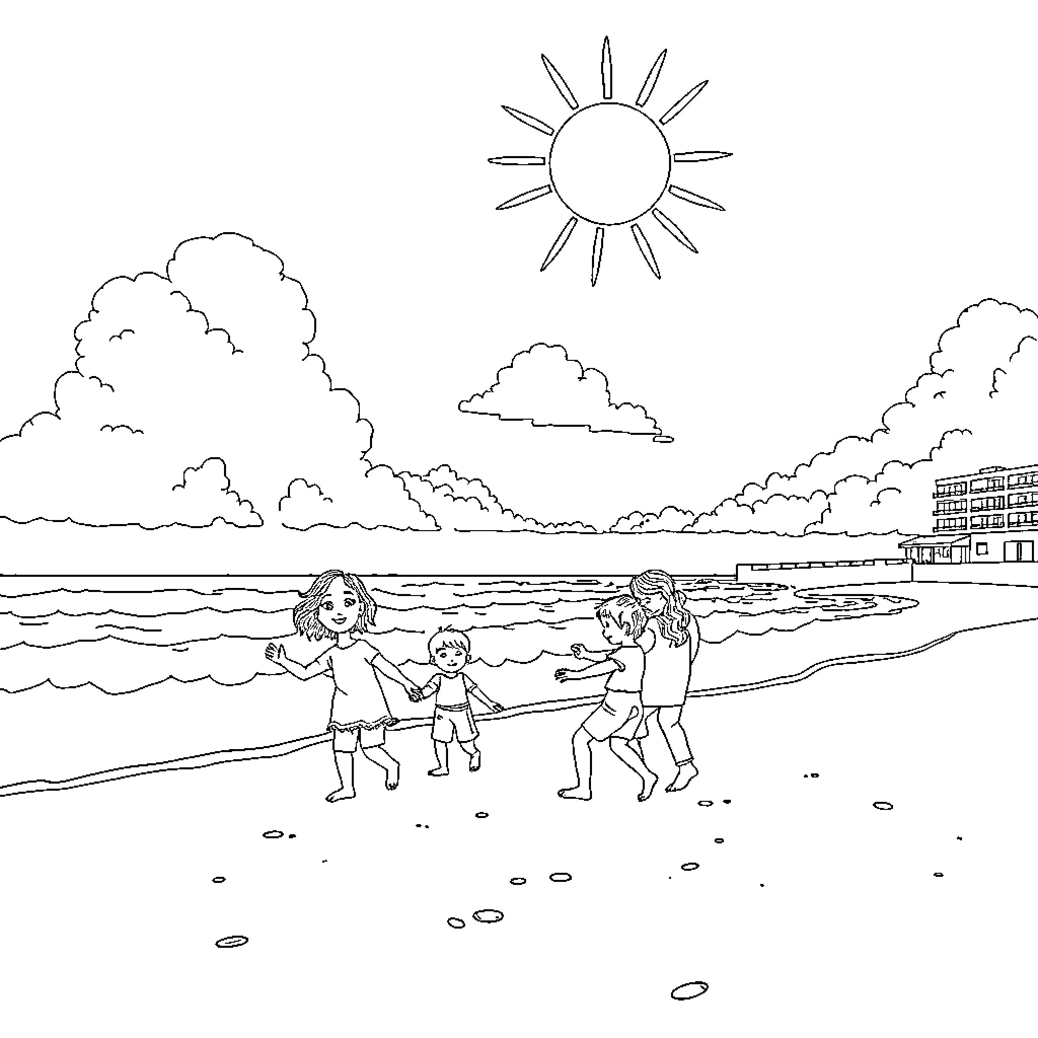 Family enjoying a sunny day at the beach Coloring Page (free black-and-white line drawing printable PDF for all, from beginners to advanced learners, including children, teens, adults, and seniors)