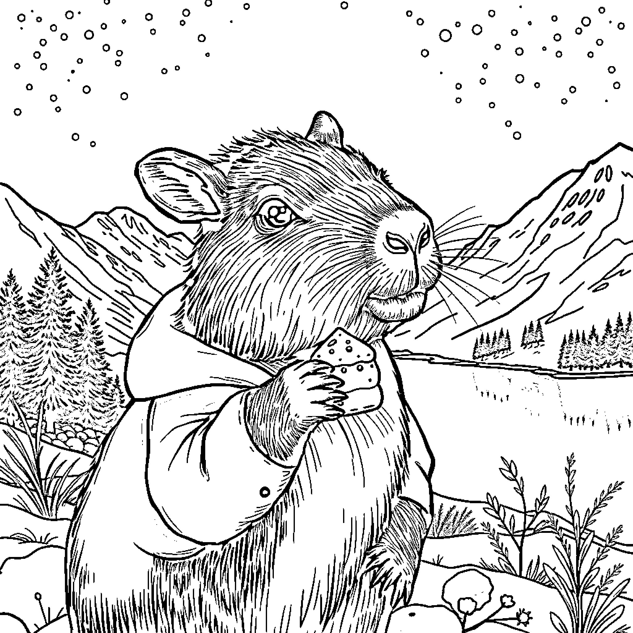 Capybara enjoying a snowy day in the mountains Coloring Page (free black-and-white line drawing printable PDF for all, from beginners to advanced learners, including children, teens, adults, and seniors)