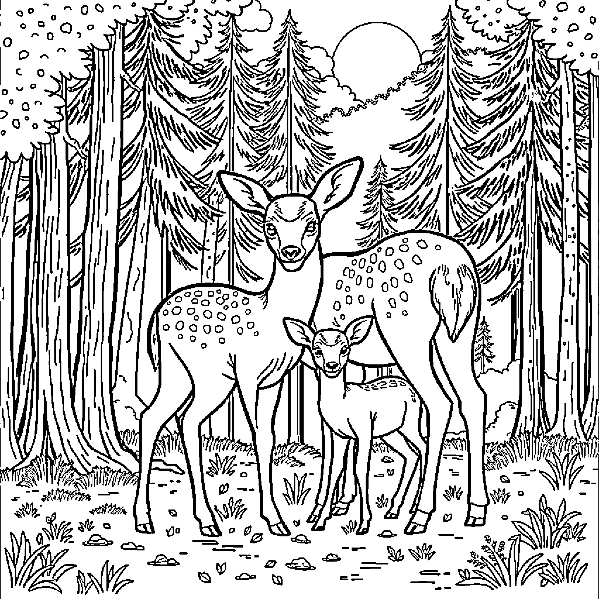Deer with their young in snowy forest scene Coloring Page (free black-and-white line drawing printable PDF for all, from beginners to advanced learners, including children, teens, adults, and seniors)