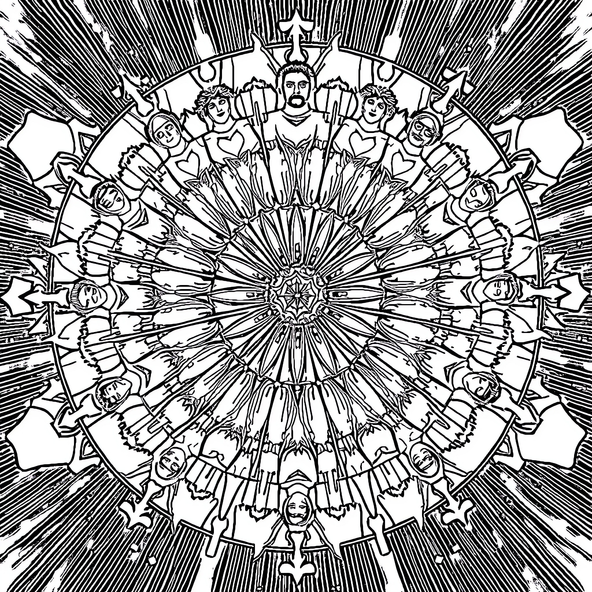 Vitruvian Man in a Mystical Geometric Design Coloring Page (free black-and-white line drawing printable PDF for all, from beginners to advanced learners, including children, teens, adults, and seniors)