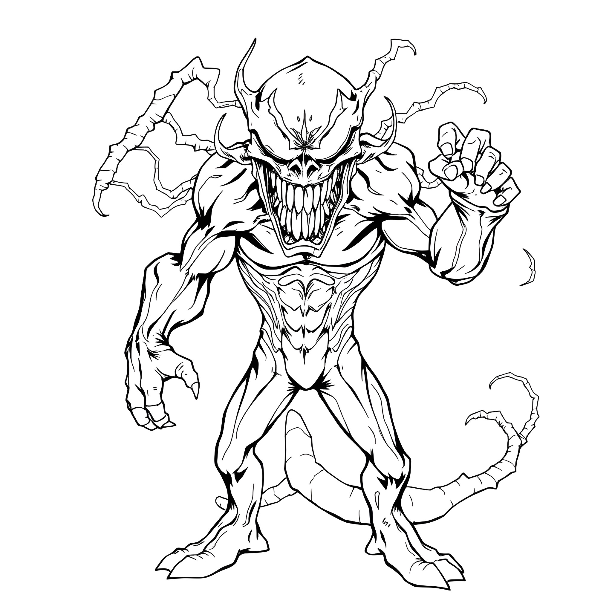 Bizarnage of a Fearsome Creature Coloring Page (free black-and-white line drawing printable PDF for all, from beginners to advanced learners, including children, teens, adults, and seniors)