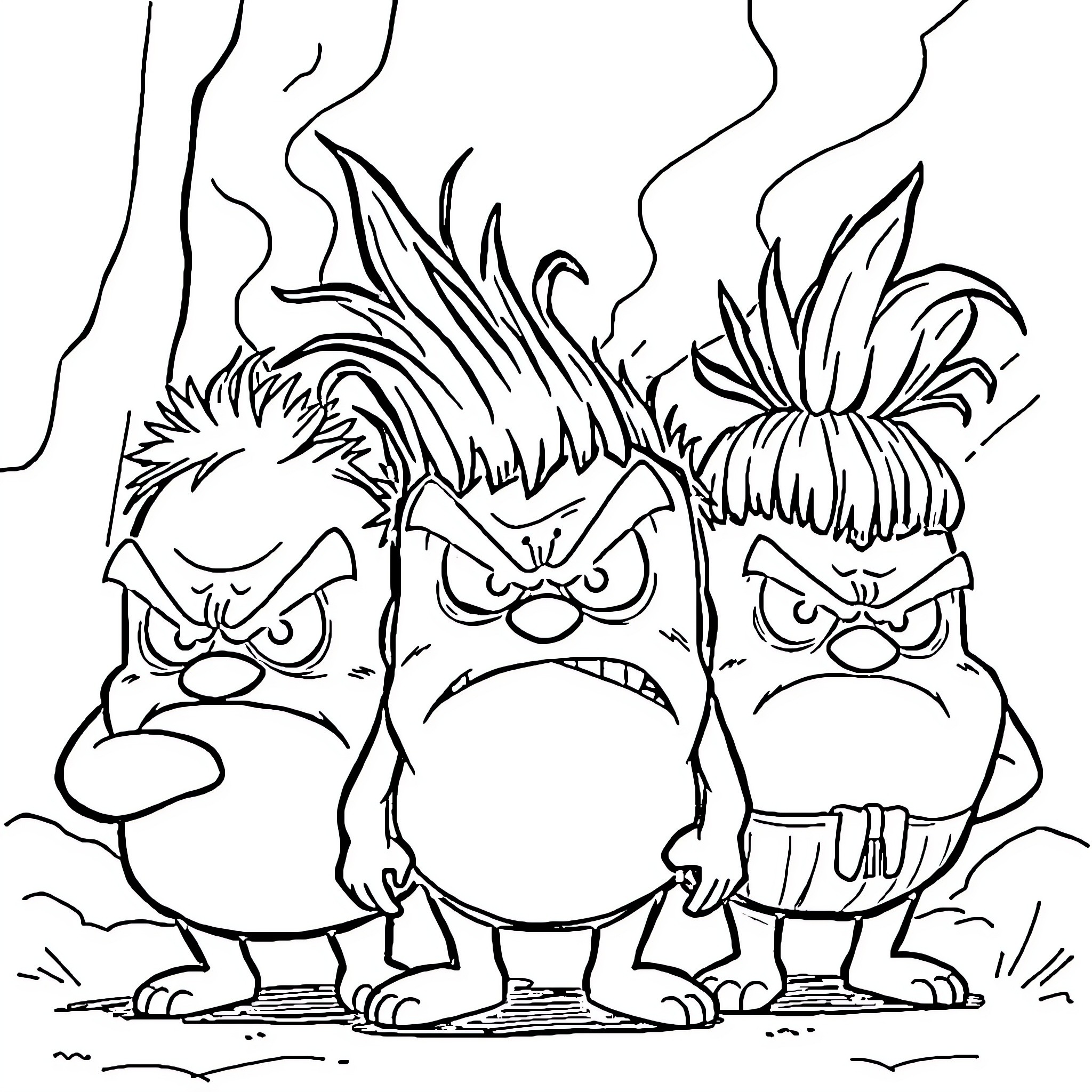 Oddbod Scary Creatures Frowning with Odd Hairstyles Coloring Page (free black-and-white line drawing printable PDF for all, from beginners to advanced learners, including children, teens, adults, and seniors)