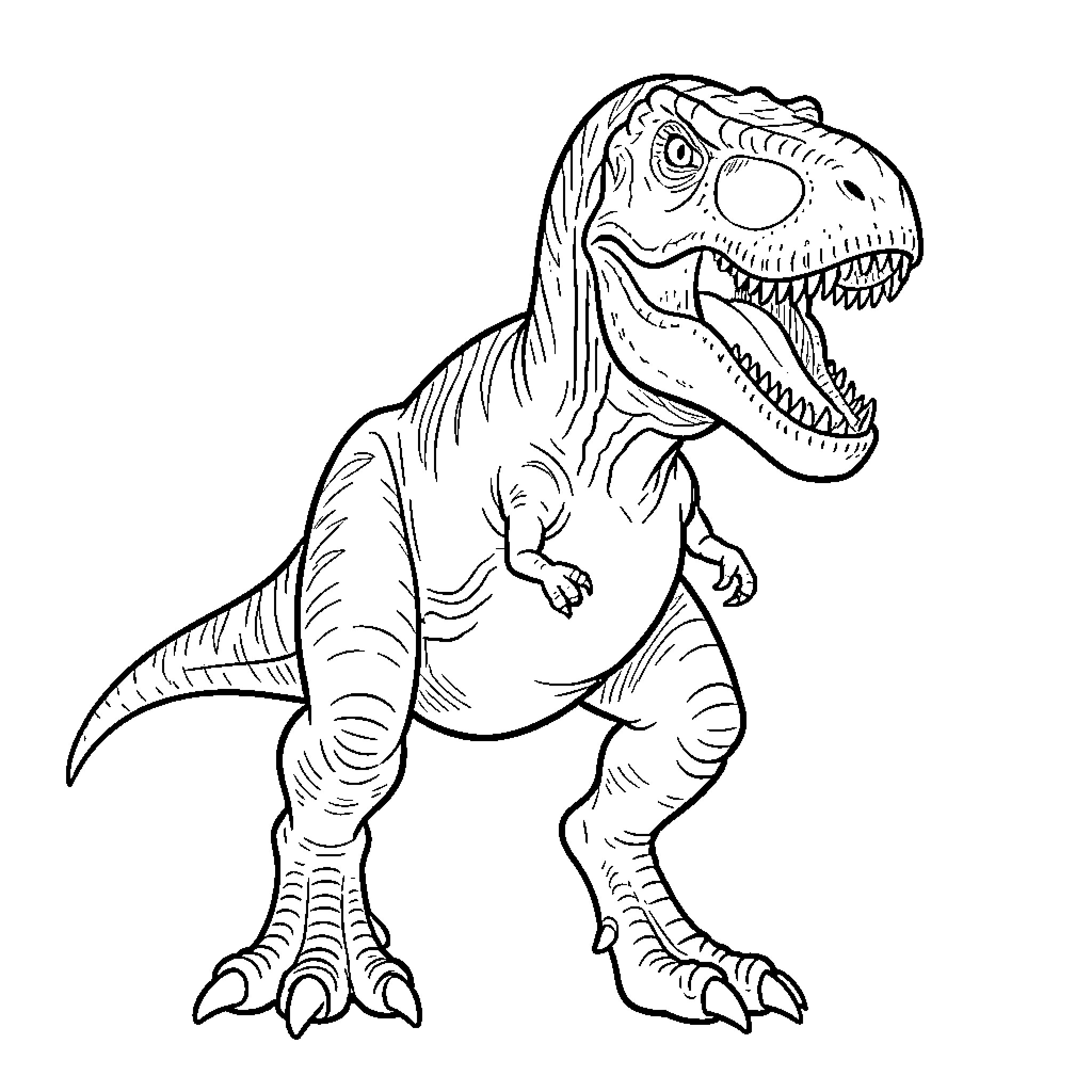 T-Rex Roaring Fiercely in Black and White Coloring Page (free black-and-white line drawing printable PDF for all, from beginners to advanced learners, including children, teens, adults, and seniors)