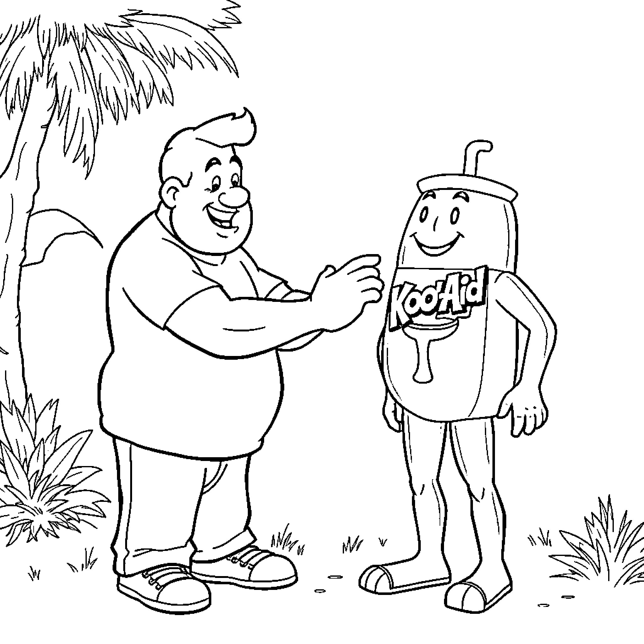 Mr Clean and Friendly Aid Encounter in Paradise Coloring Page (free black-and-white line drawing printable PDF for all, from beginners to advanced learners, including children, teens, adults, and seniors)