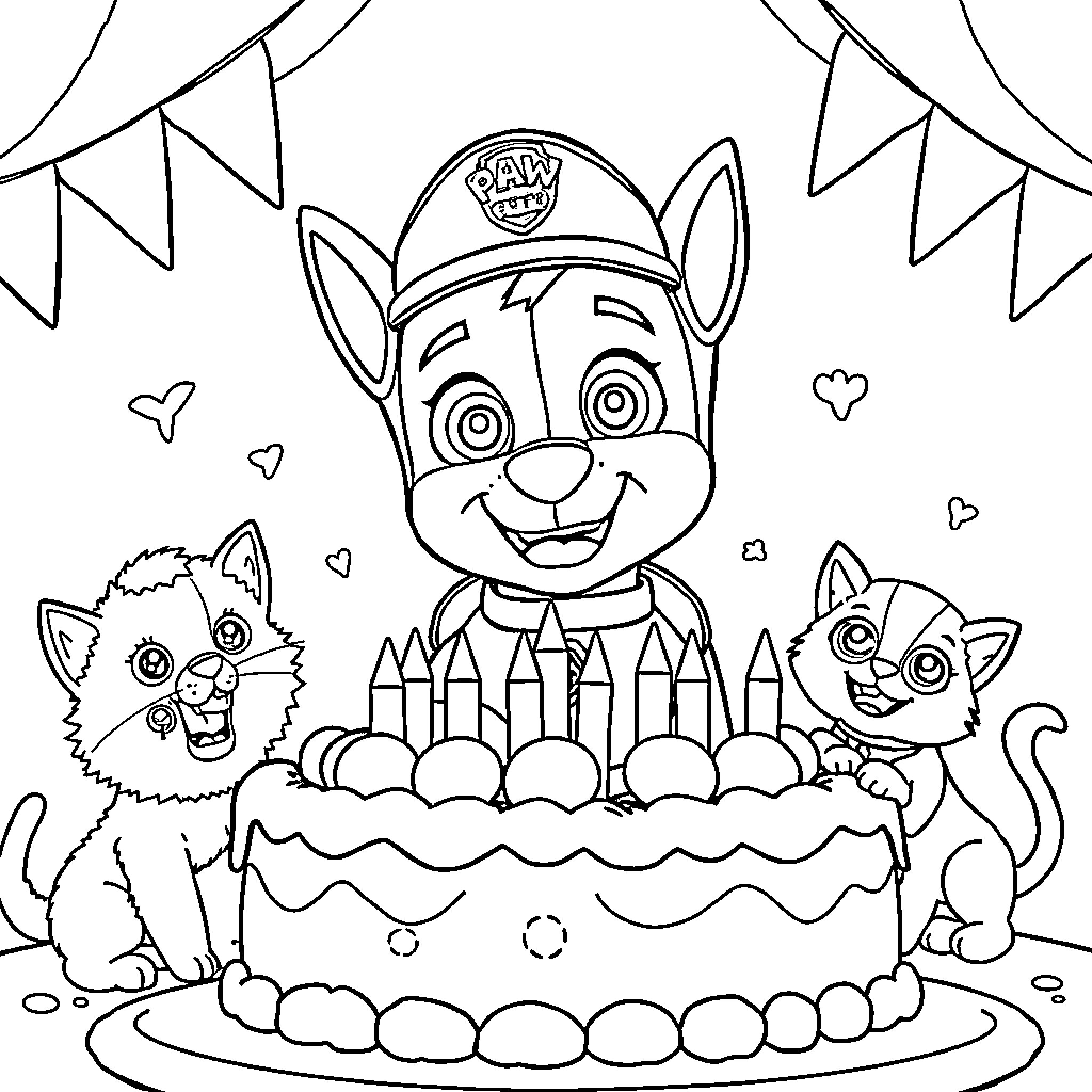 Ryder's Birthday Party with Pups and Cake Coloring Page (free black-and-white line drawing printable PDF for all, from beginners to advanced learners, including children, teens, adults, and seniors)