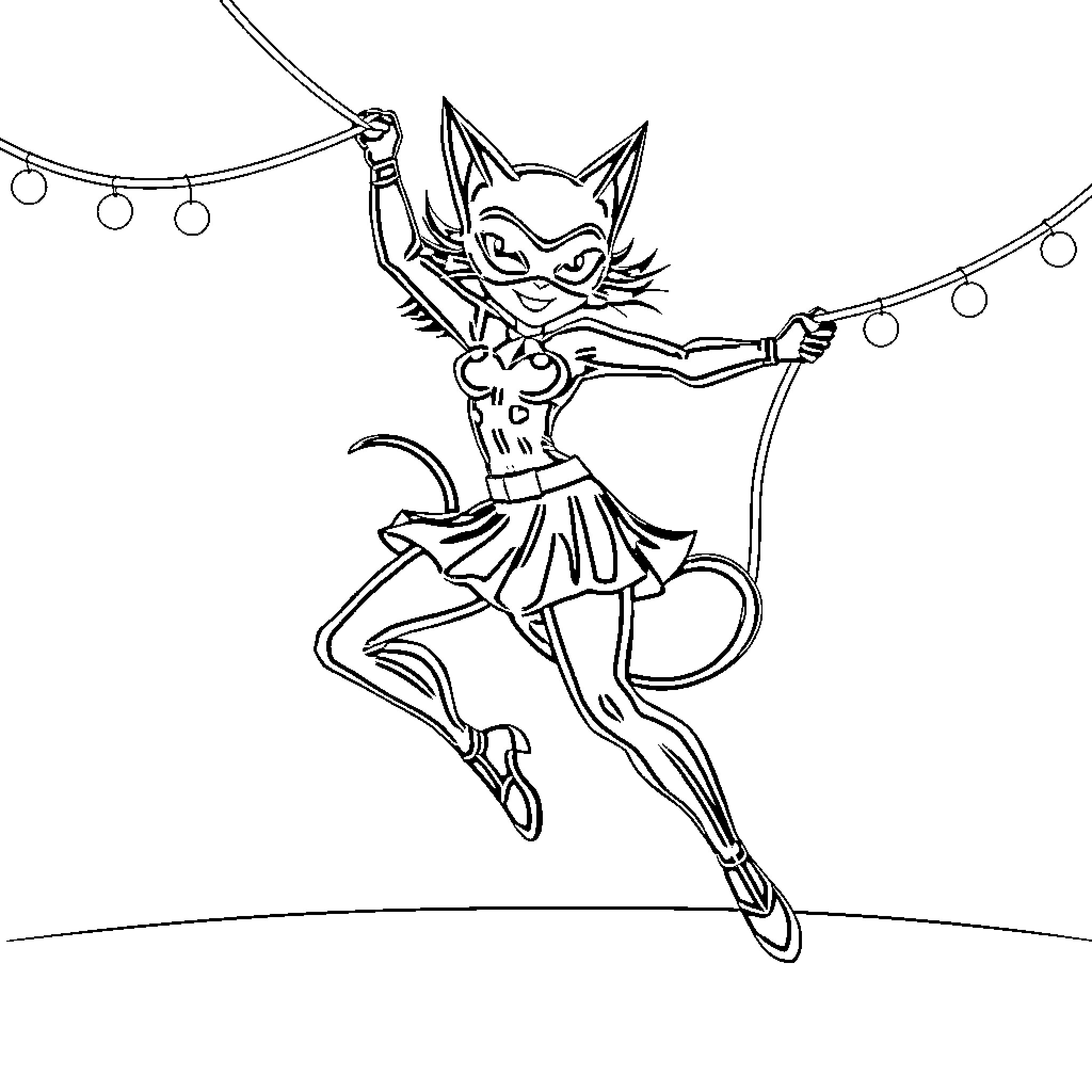 Cat Woman Performing Acrobatic Dance on Stage Coloring Page (free black-and-white line drawing printable PDF for all, from beginners to advanced learners, including children, teens, adults, and seniors)