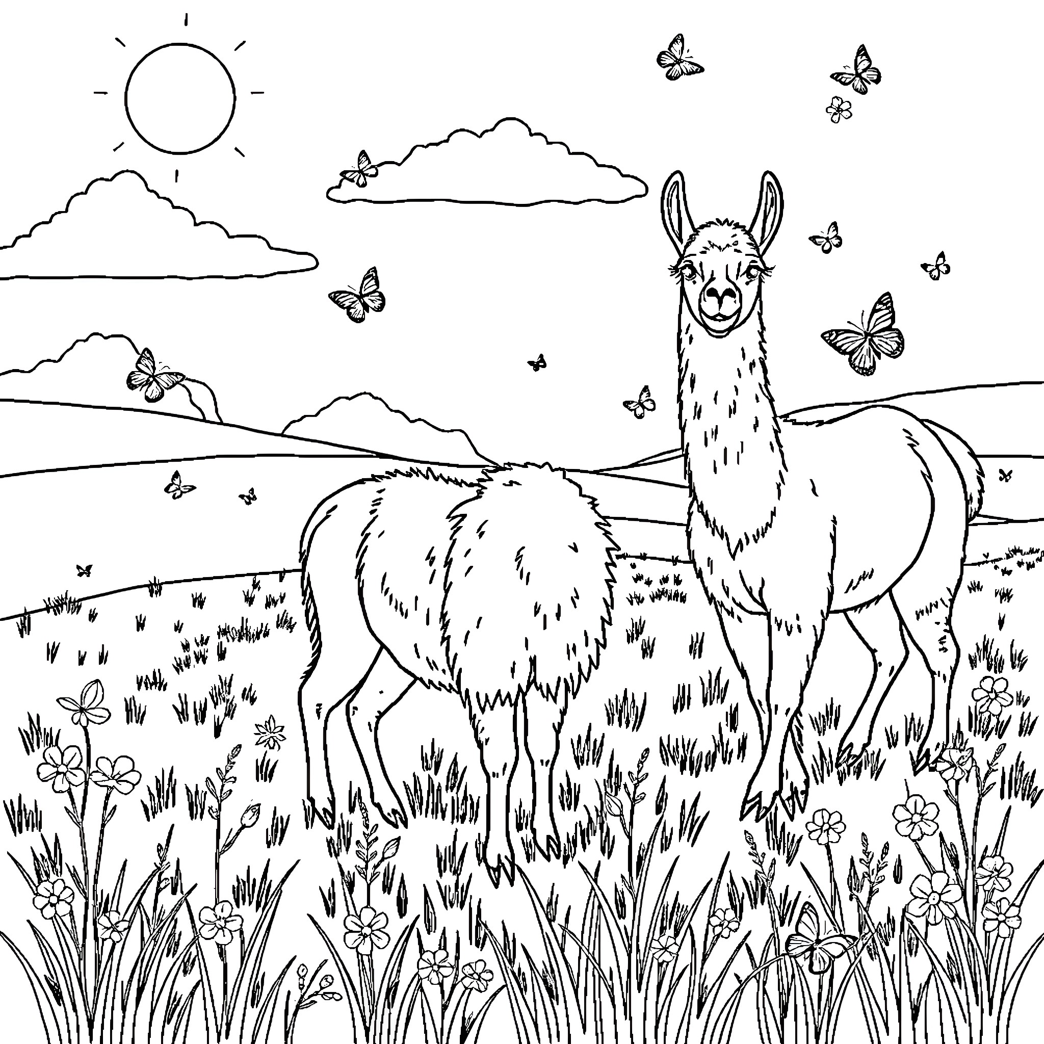 Llama enjoying scenic countryside with butterflies Coloring Page (free black-and-white line drawing printable PDF for all, from beginners to advanced learners, including children, teens, adults, and seniors)