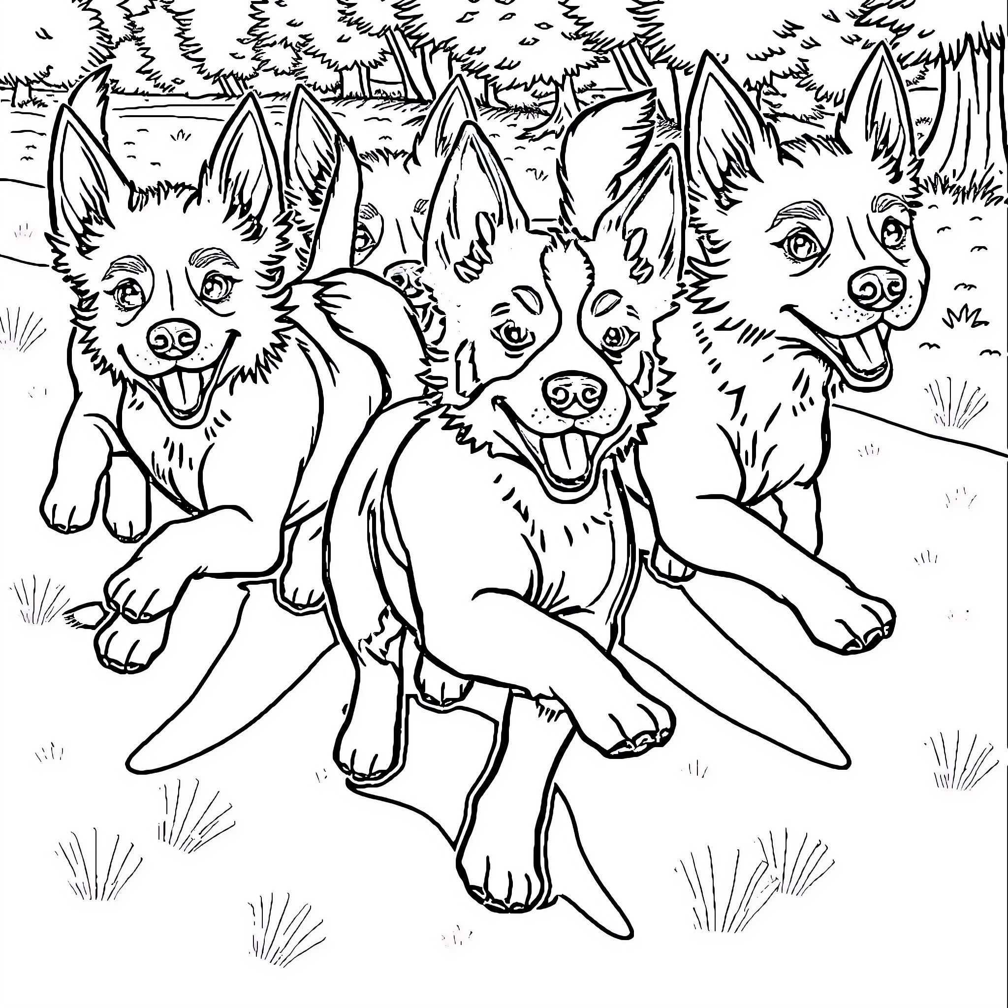 Dog friends playing happily in the forest Coloring Page (free black-and-white line drawing printable PDF for all, from beginners to advanced learners, including children, teens, adults, and seniors)