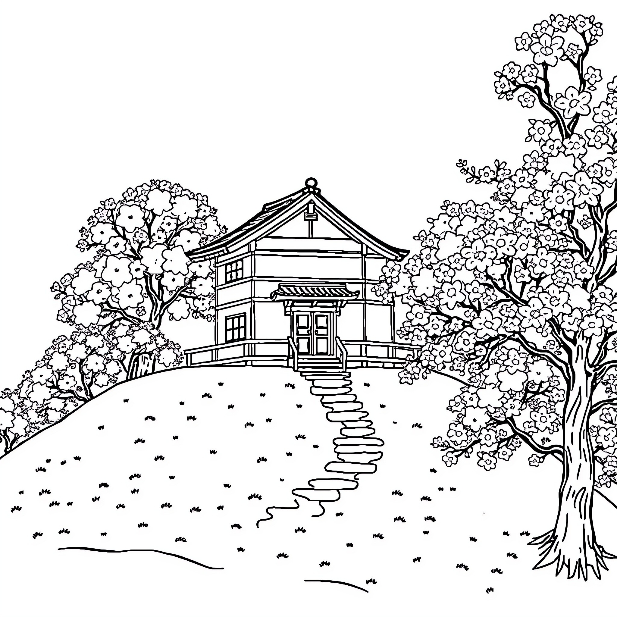 House nestled among blossoming trees on a winding path Coloring Page (free black-and-white line drawing printable PDF for all, from beginners to advanced learners, including children, teens, adults, and seniors)