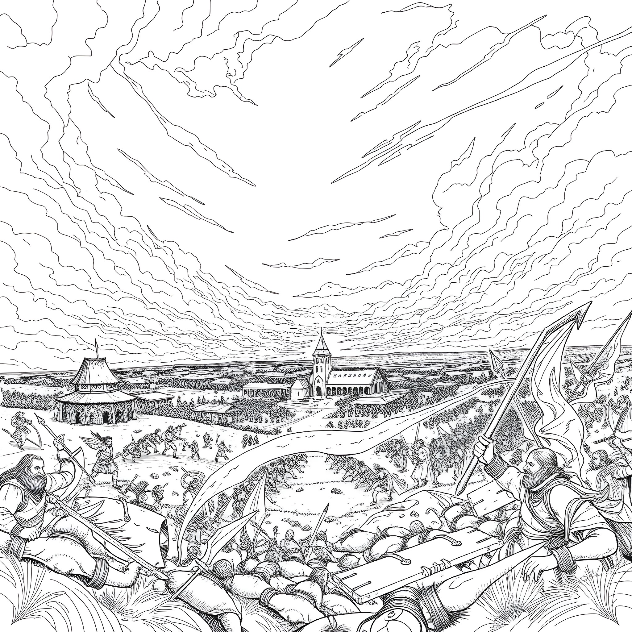 Battlefield with soldiers, buildings, and dramatic sky Coloring Page (free black-and-white line drawing printable PDF for all, from beginners to advanced learners, including children, teens, adults, and seniors)