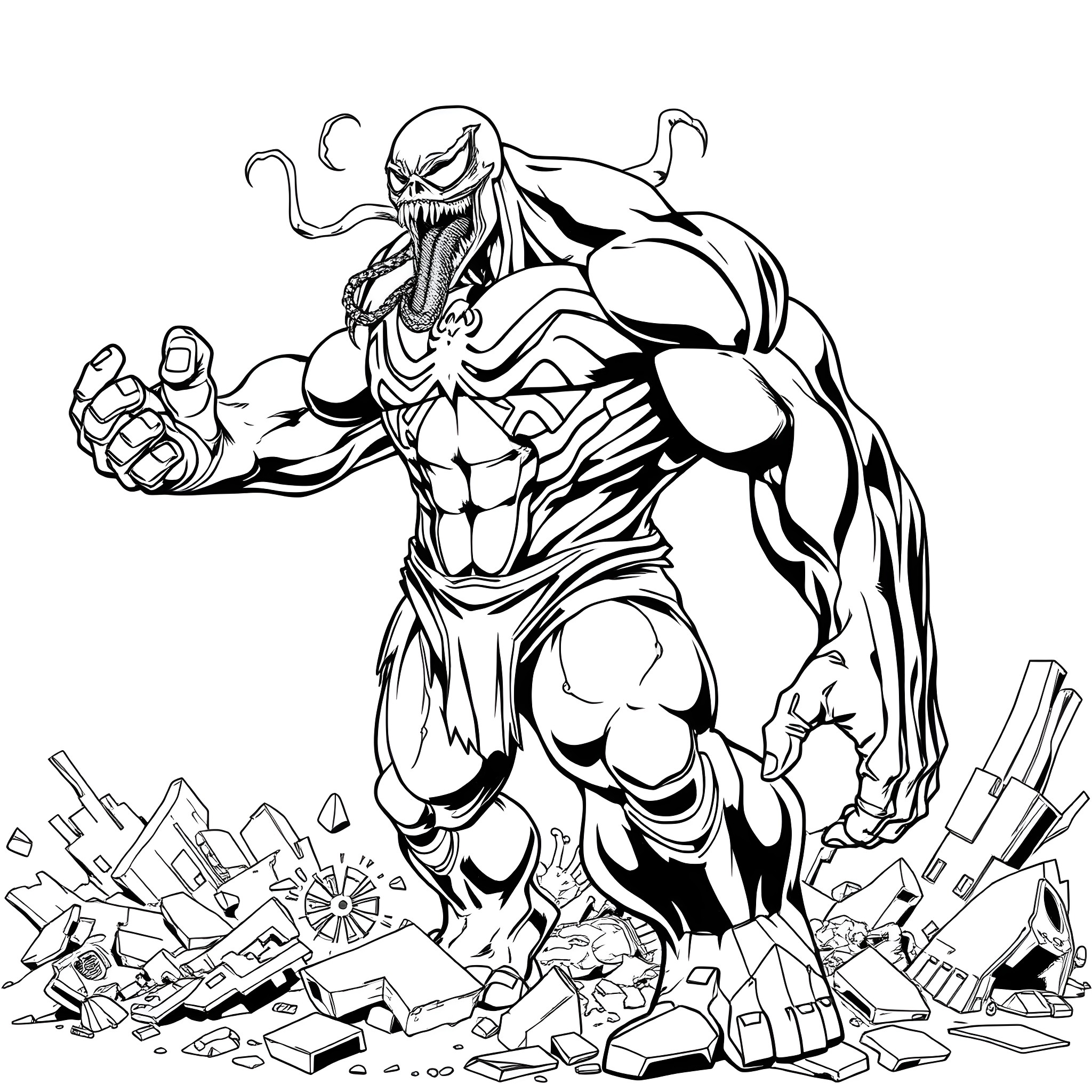Venom Hulk Unleashing Destruction Coloring Page (free black-and-white line drawing printable PDF for all, from beginners to advanced learners, including children, teens, adults, and seniors)