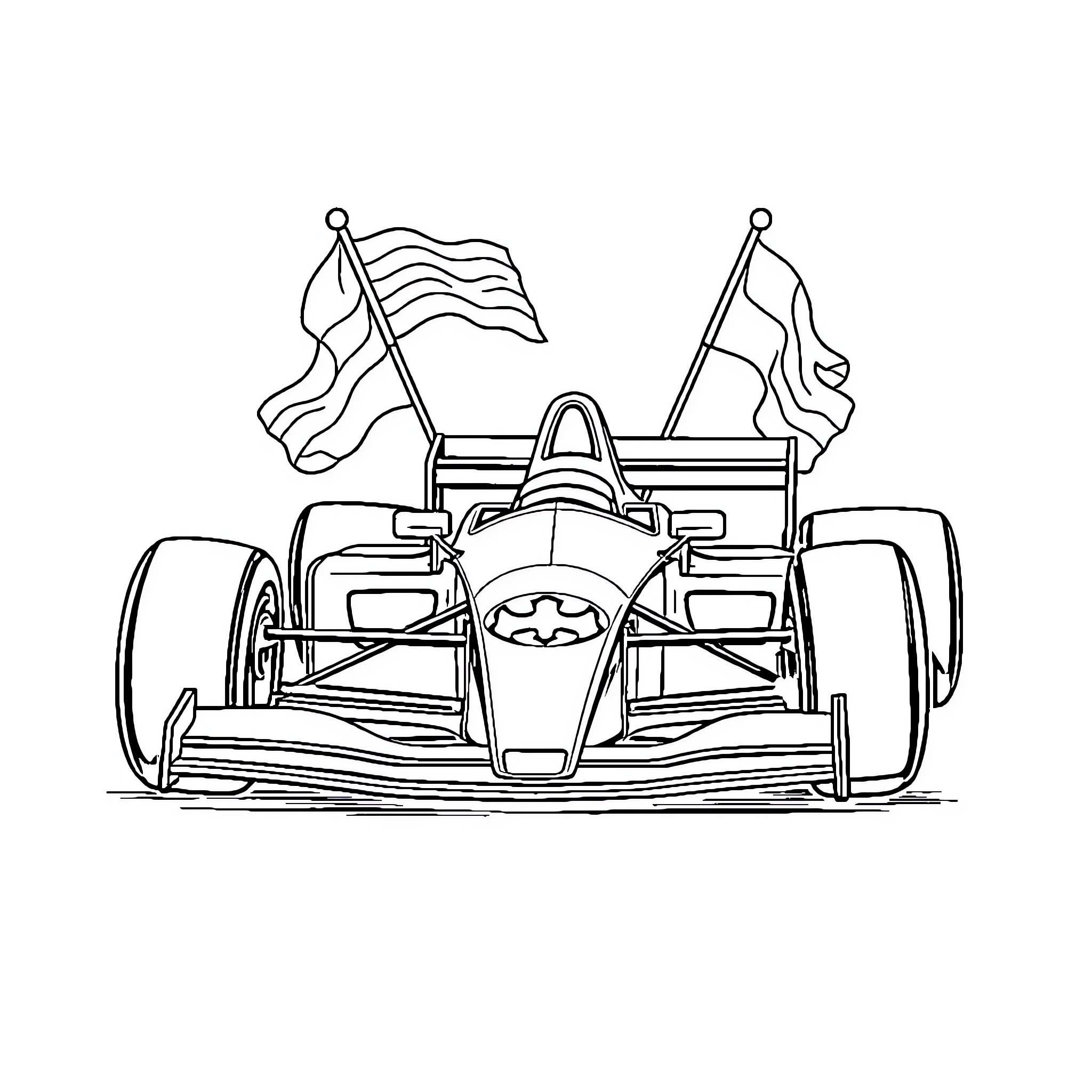 Formula 1 Racing Car with Flags Coloring Page (free black-and-white line drawing printable PDF for all, from beginners to advanced learners, including children, teens, adults, and seniors)