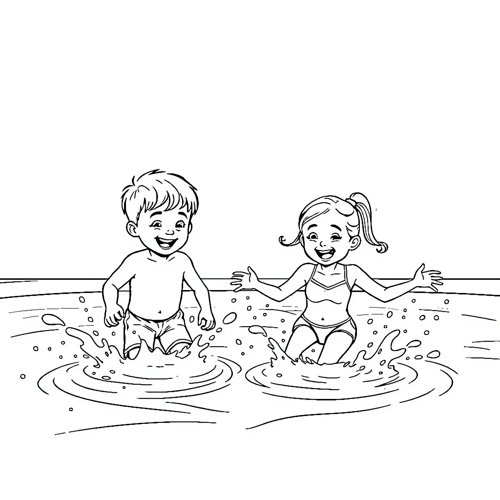 Child playing happily in the water Coloring Page (free black-and-white line drawing printable PDF for all, from beginners to advanced learners, including children, teens, adults, and seniors)