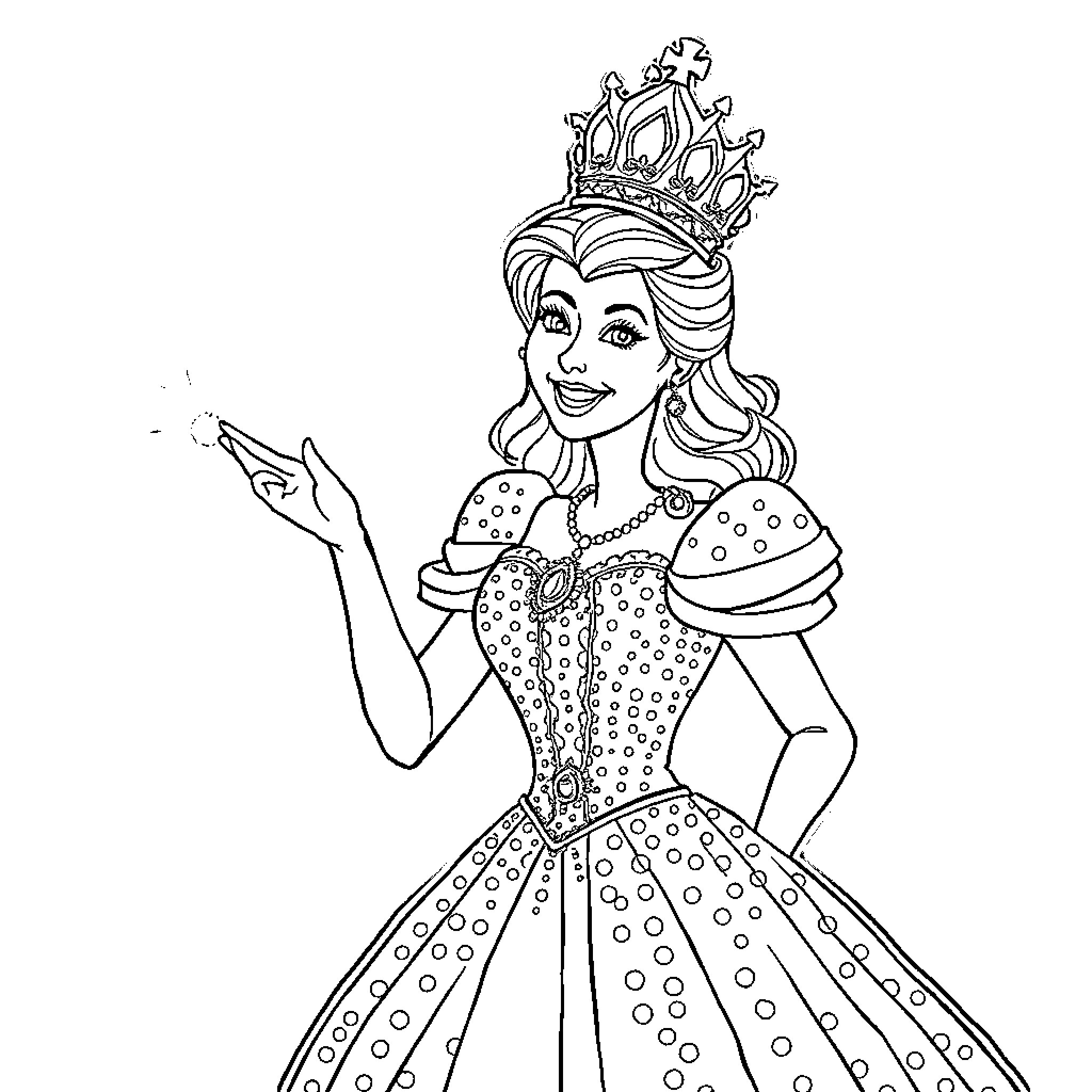 Glinda the Good Witch in Sparkling Gown and Crown Coloring Page (free black-and-white line drawing printable PDF for all, from beginners to advanced learners, including children, teens, adults, and seniors)