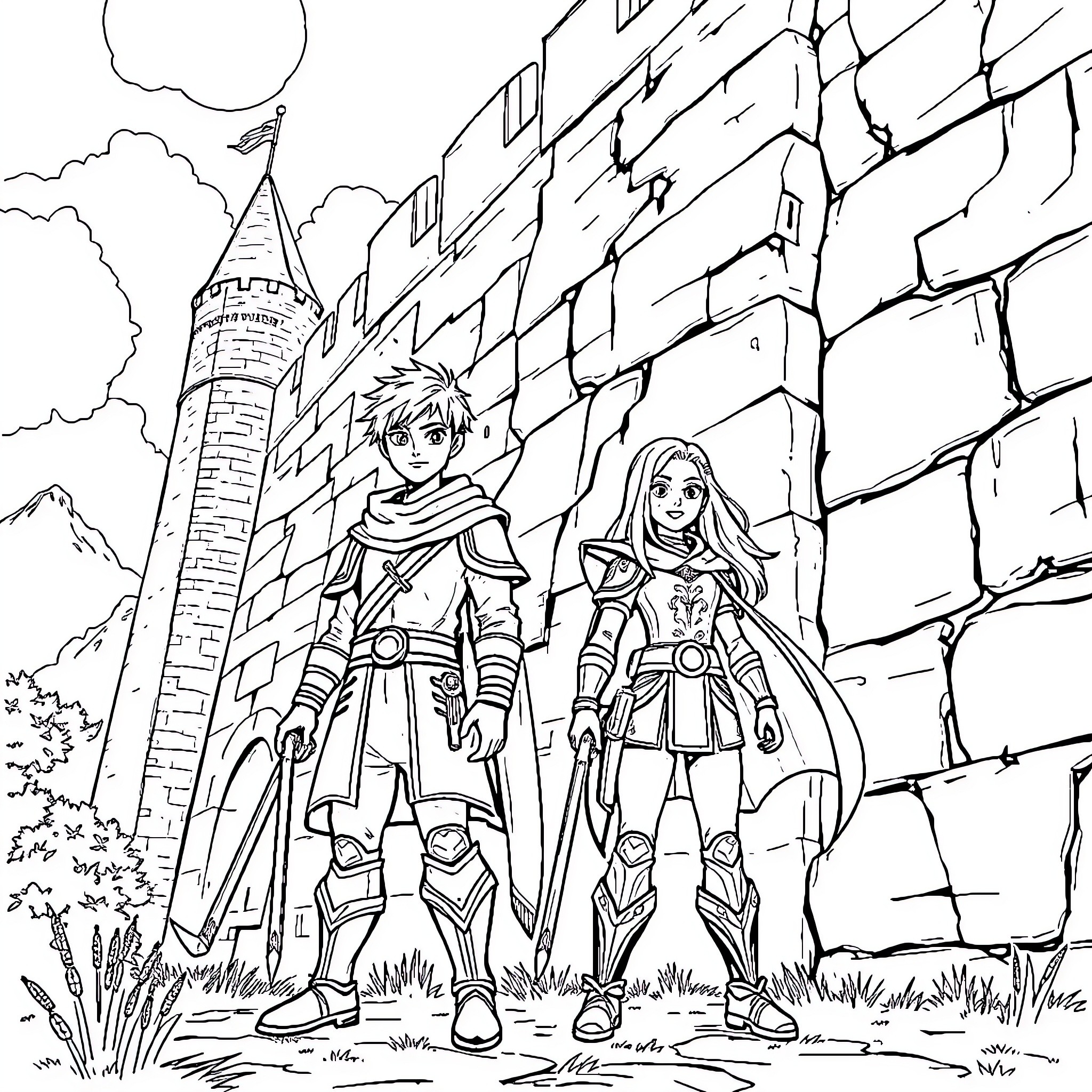 Xaden and Violet explore the castle ruins Coloring Page (free black-and-white line drawing printable PDF for all, from beginners to advanced learners, including children, teens, adults, and seniors)