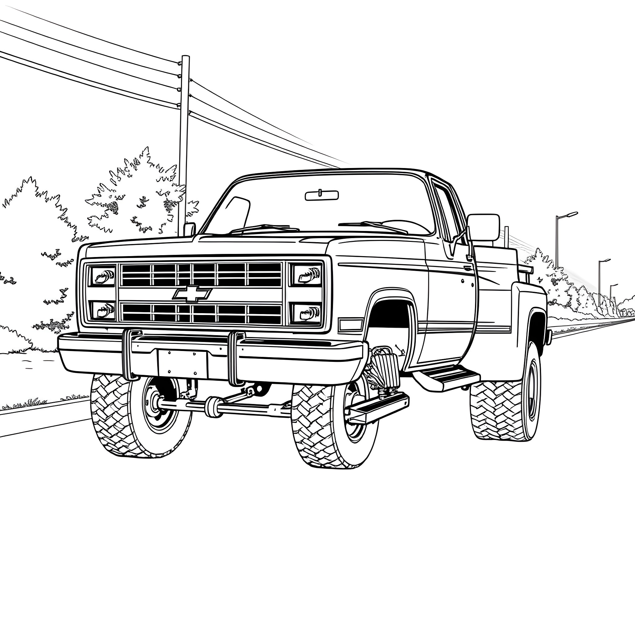Chevy pickup truck on rugged road Coloring Page (free black-and-white line drawing printable PDF for all, from beginners to advanced learners, including children, teens, adults, and seniors)