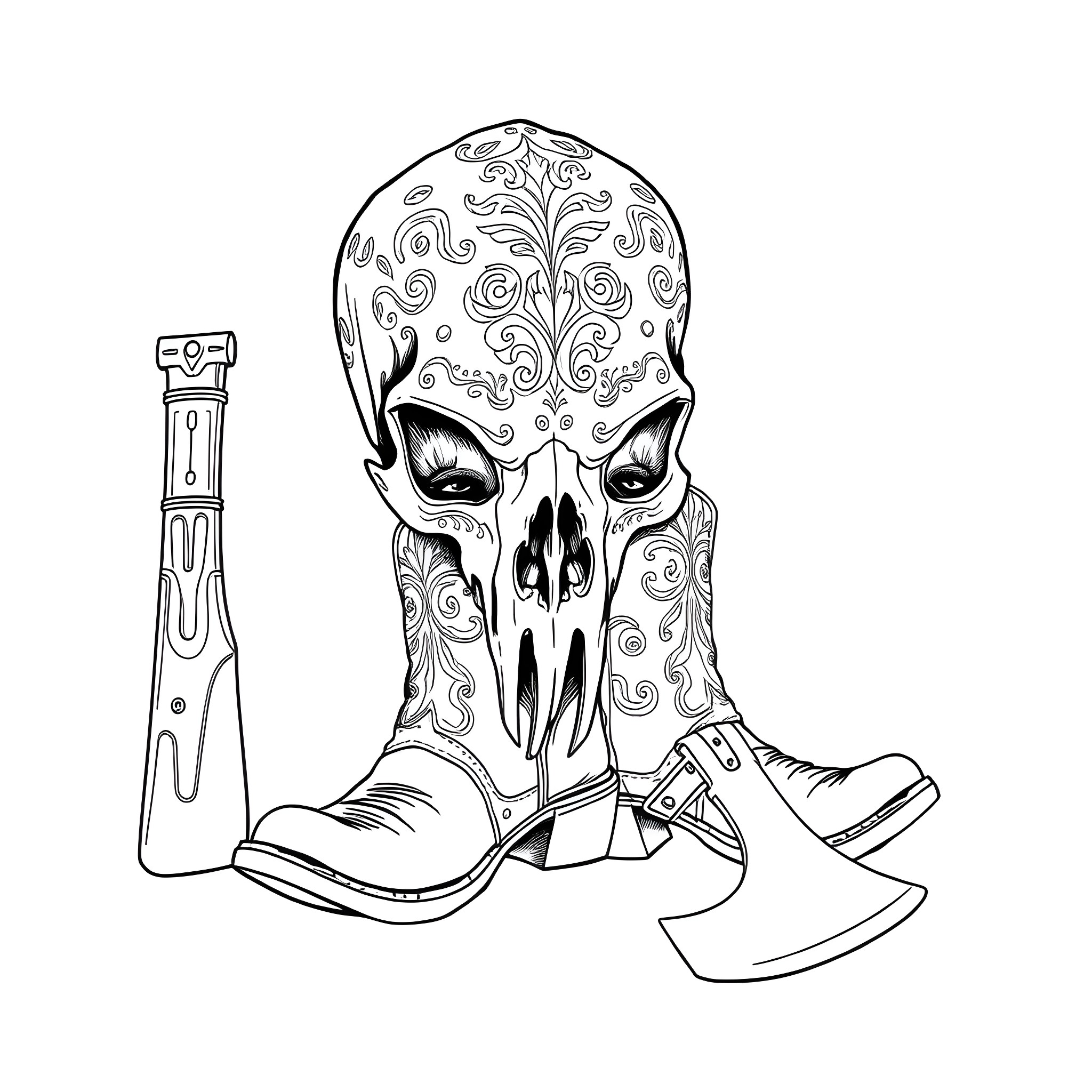 Skull with Ornate Mask and Weapons Coloring Page (free black-and-white line drawing printable PDF for all, from beginners to advanced learners, including children, teens, adults, and seniors)