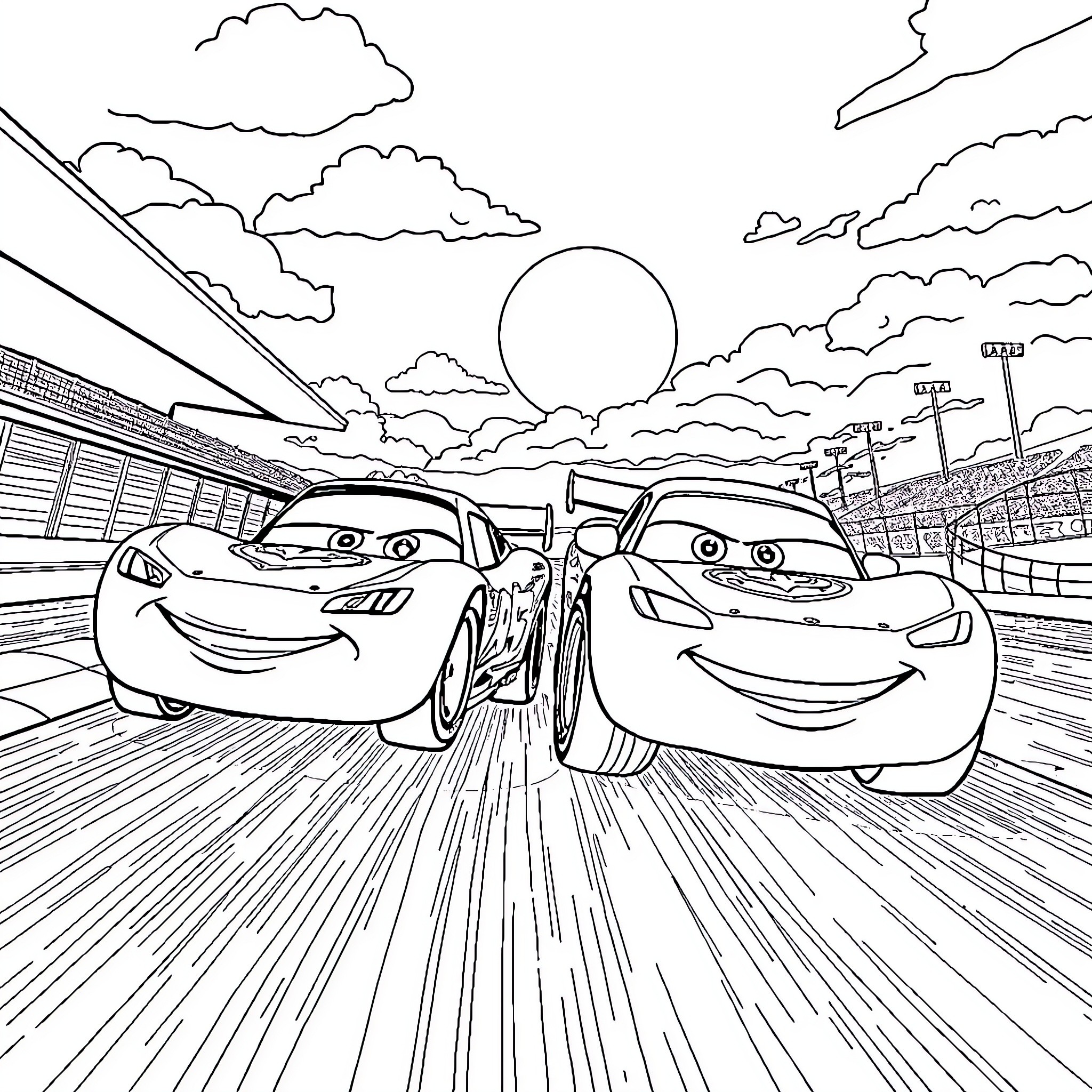 Flash McQueen and friends racing on the track Coloring Page (free black-and-white line drawing printable PDF for all, from beginners to advanced learners, including children, teens, adults, and seniors)