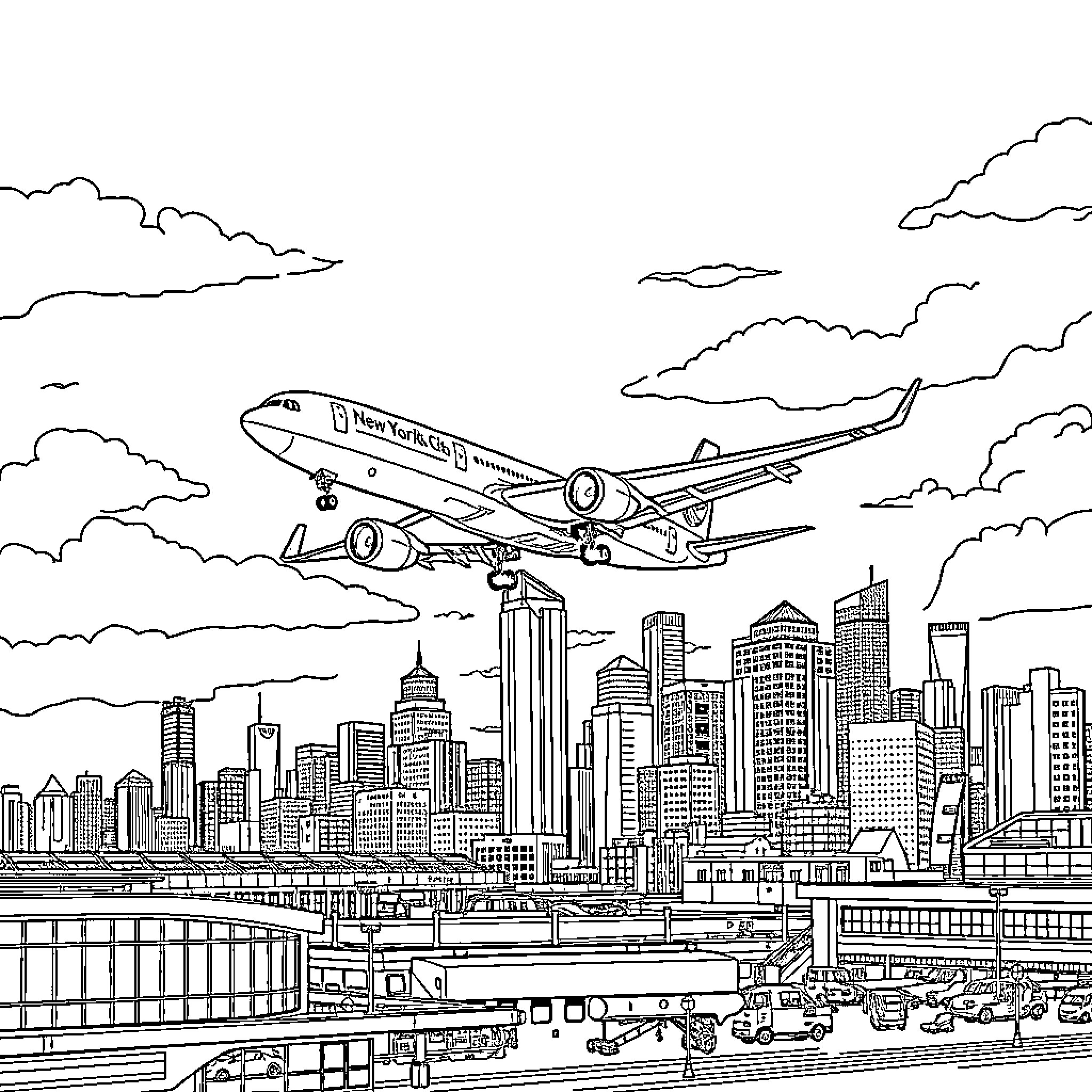 Airplane taking off over the cityscape skyline Coloring Page (free black-and-white line drawing printable PDF for all, from beginners to advanced learners, including children, teens, adults, and seniors)