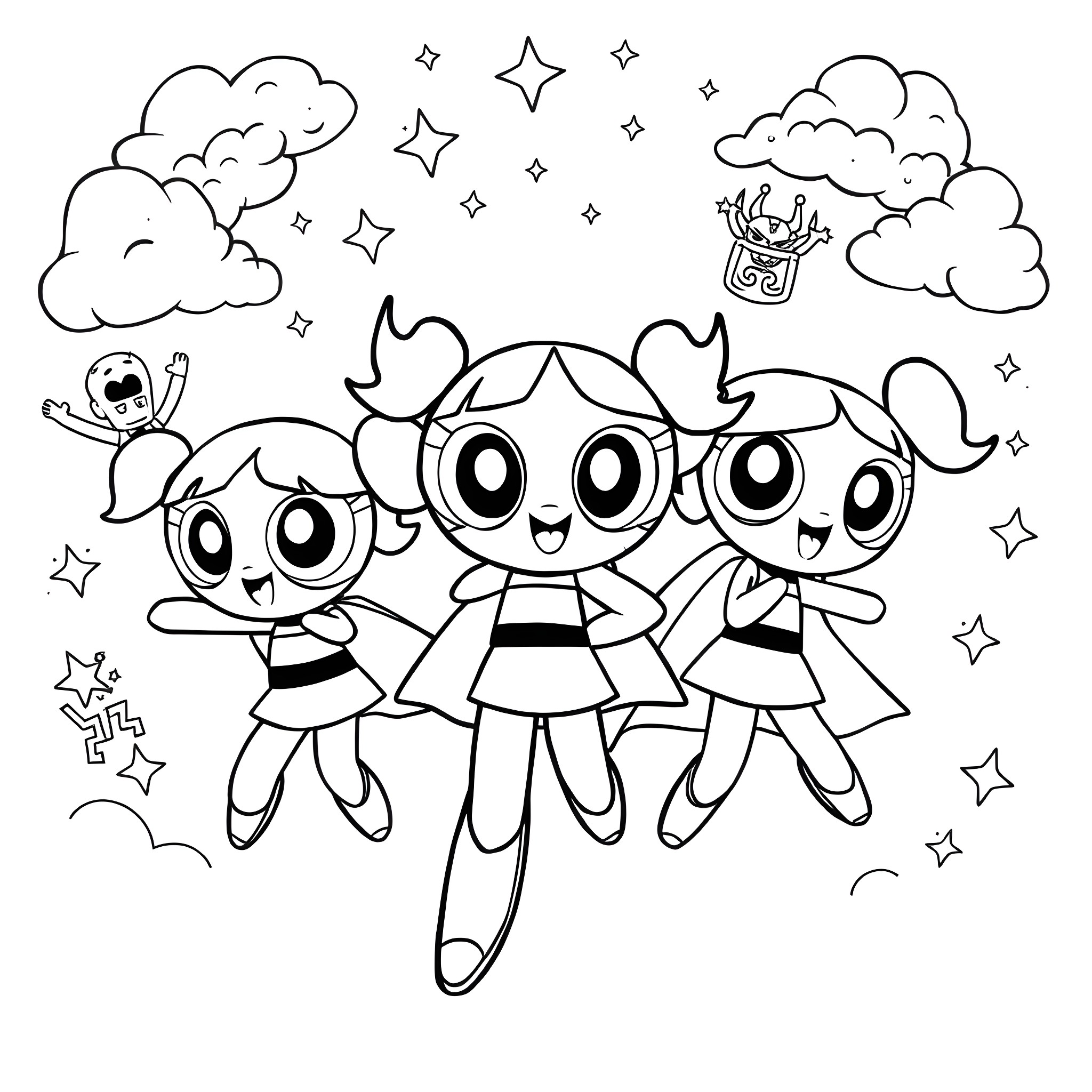 Powerpuff Girls enjoying a magical day Coloring Page (free black-and-white line drawing printable PDF for all, from beginners to advanced learners, including children, teens, adults, and seniors)