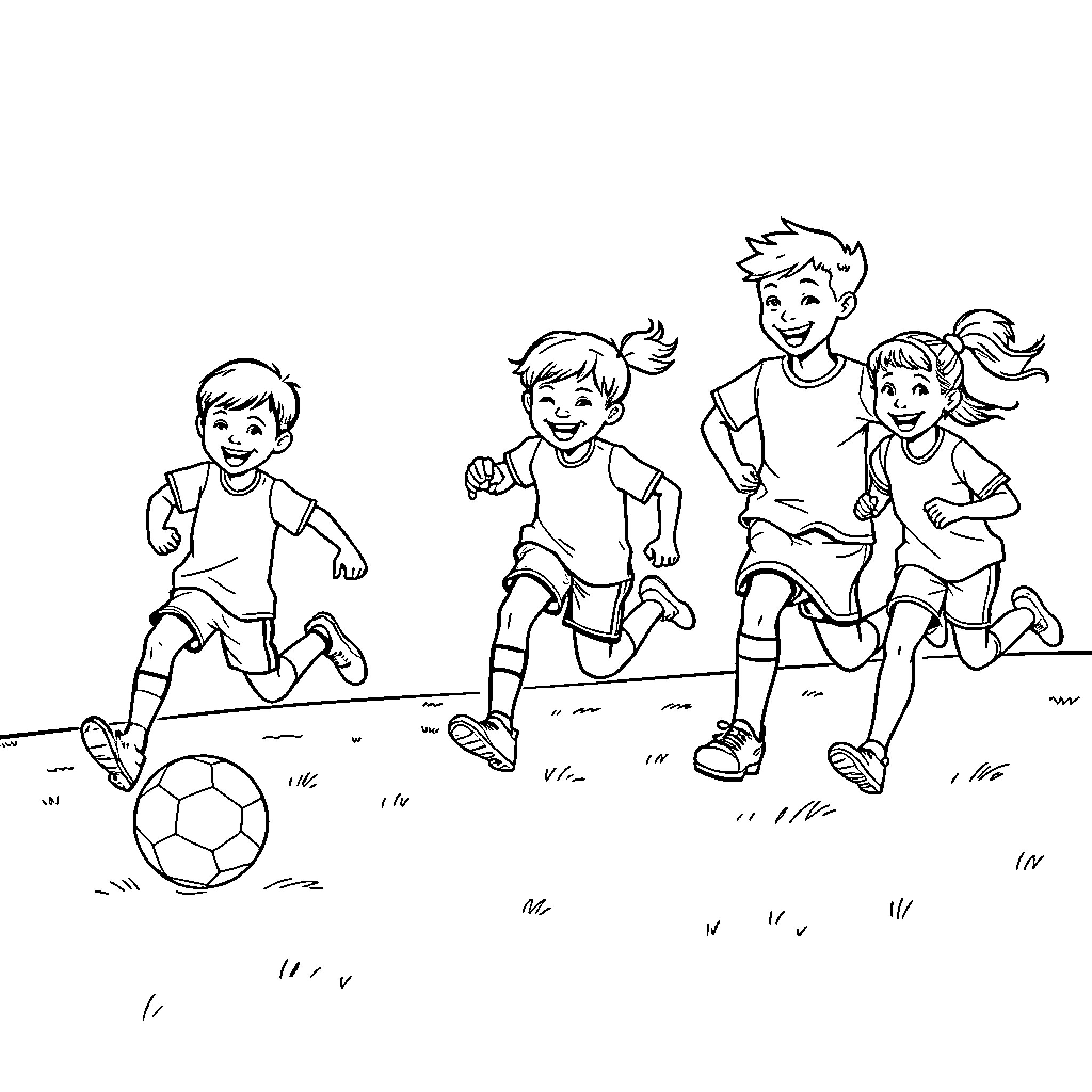 Kid having fun playing soccer outdoors Coloring Page (free black-and-white line drawing printable PDF for all, from beginners to advanced learners, including children, teens, adults, and seniors)