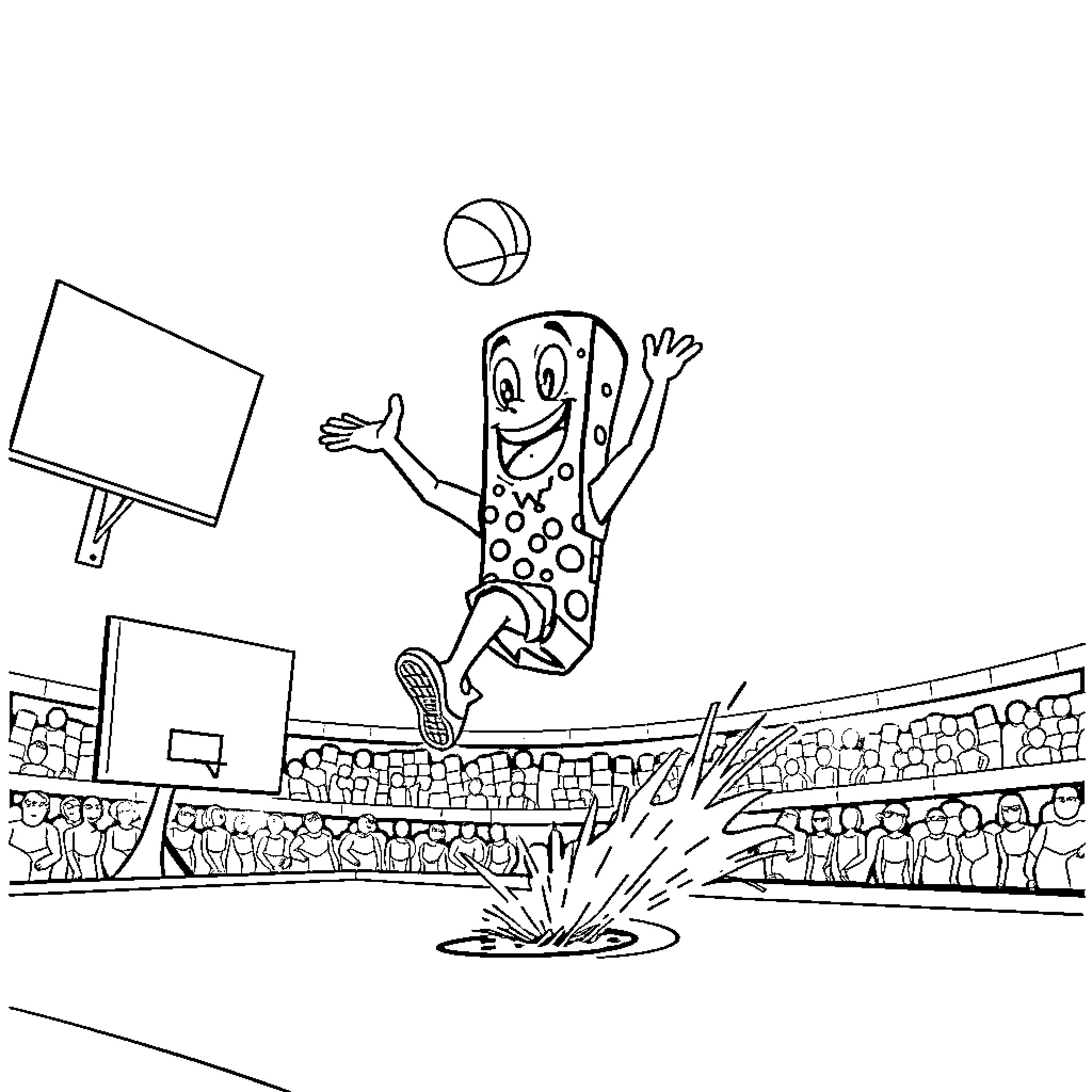 Pizza Tower Playing Basketball in Stadium Coloring Page (free black-and-white line drawing printable PDF for all, from beginners to advanced learners, including children, teens, adults, and seniors)