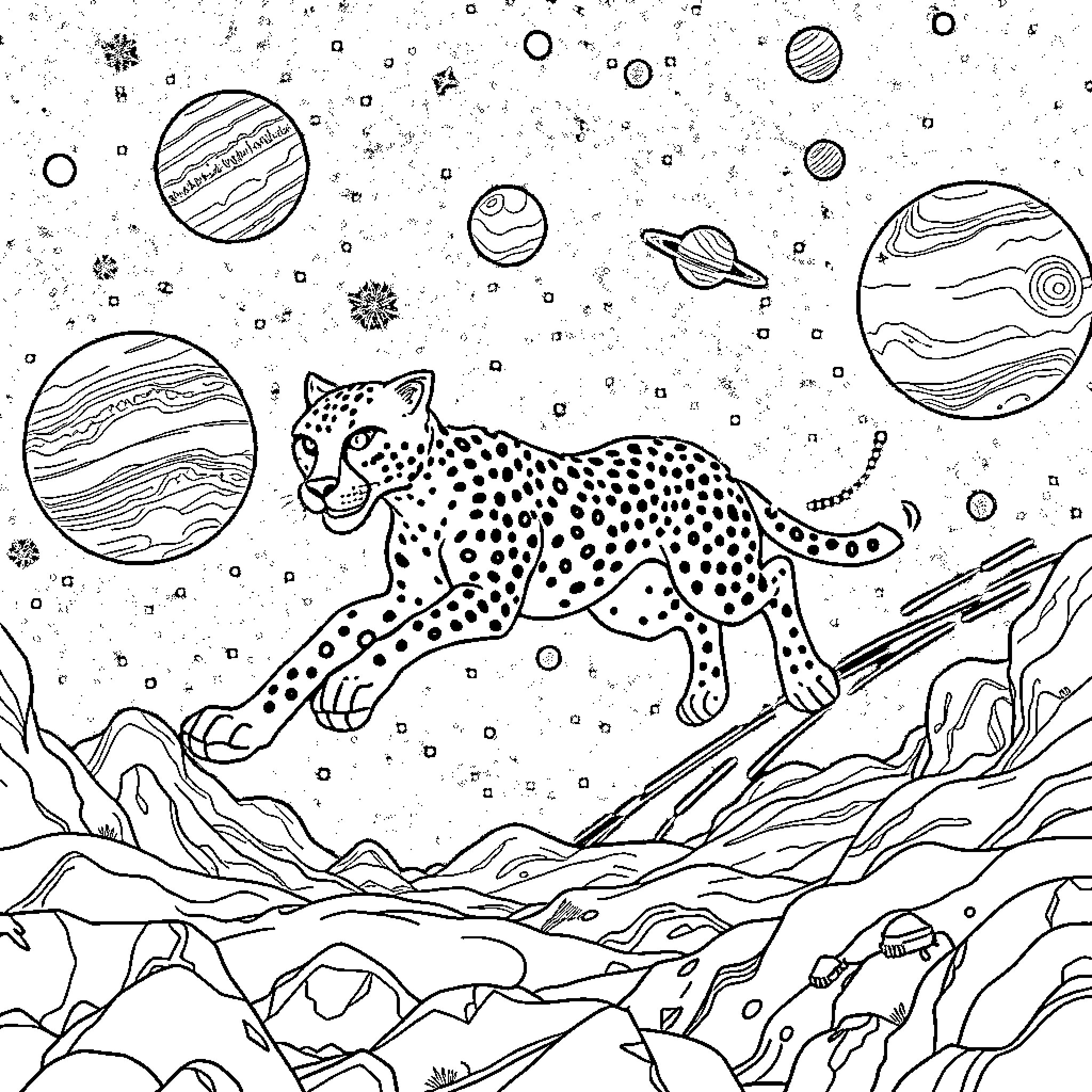 Cheetah prowling across cosmic landscape Coloring Page (free black-and-white line drawing printable PDF for all, from beginners to advanced learners, including children, teens, adults, and seniors)