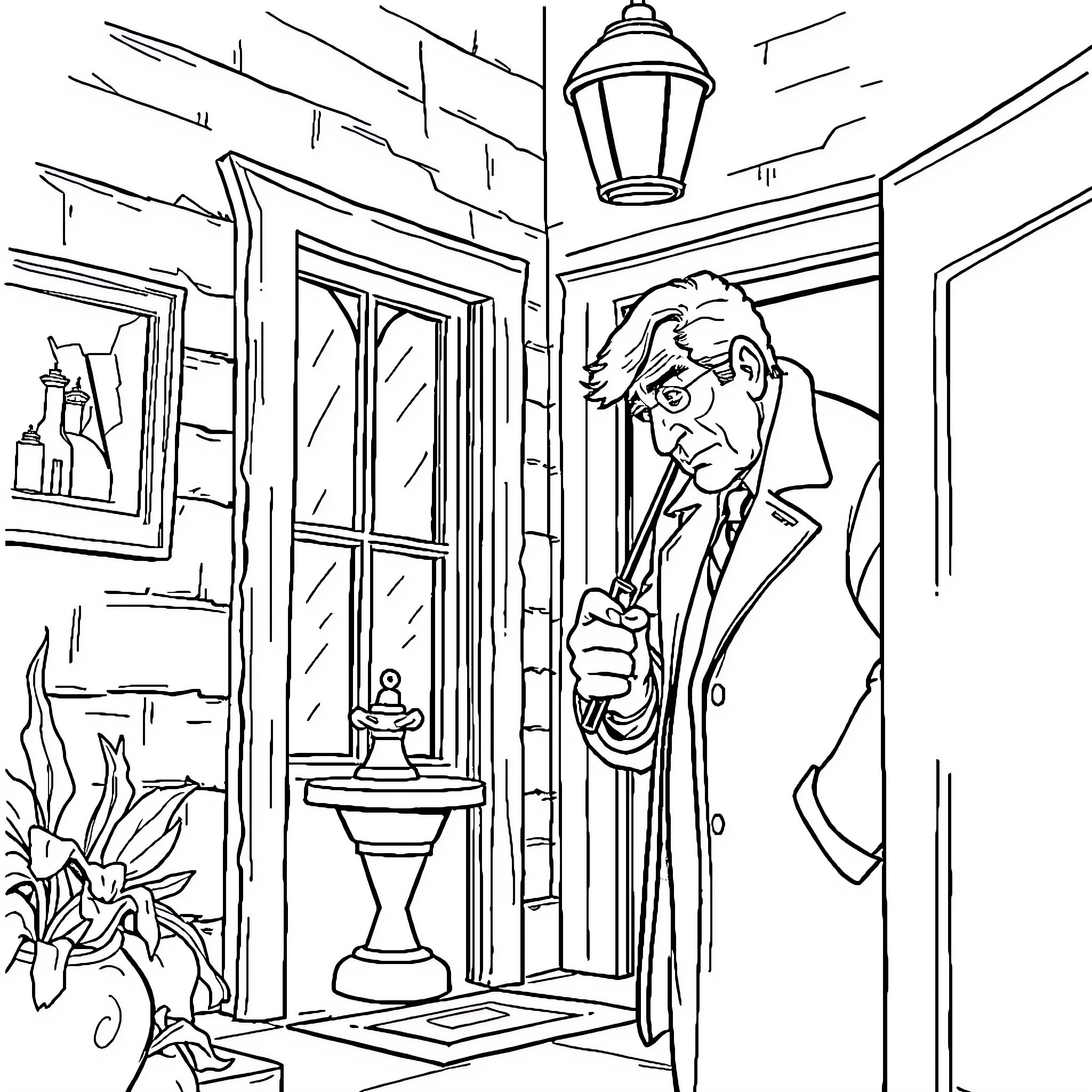 Columbo's Inquisitive Gaze in a Dimly Lit Hallway Coloring Page (free black-and-white line drawing printable PDF for all, from beginners to advanced learners, including children, teens, adults, and seniors)