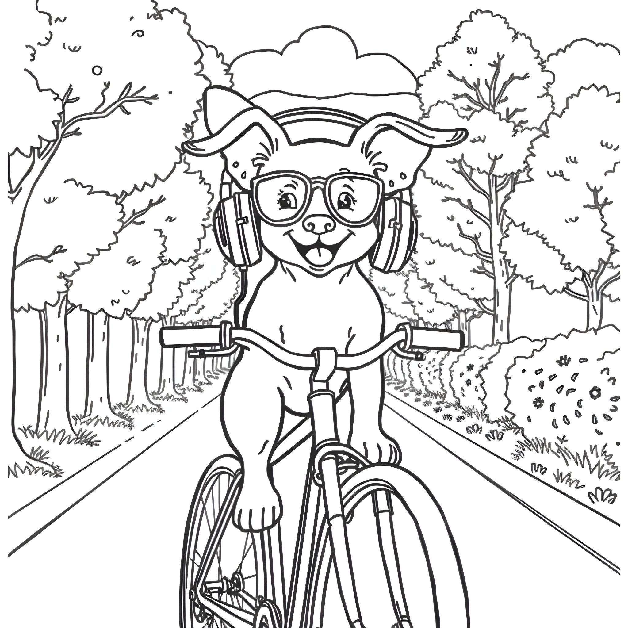Dog riding bicycle in the park Coloring Page (free black-and-white line drawing printable PDF for all, from beginners to advanced learners, including children, teens, adults, and seniors)