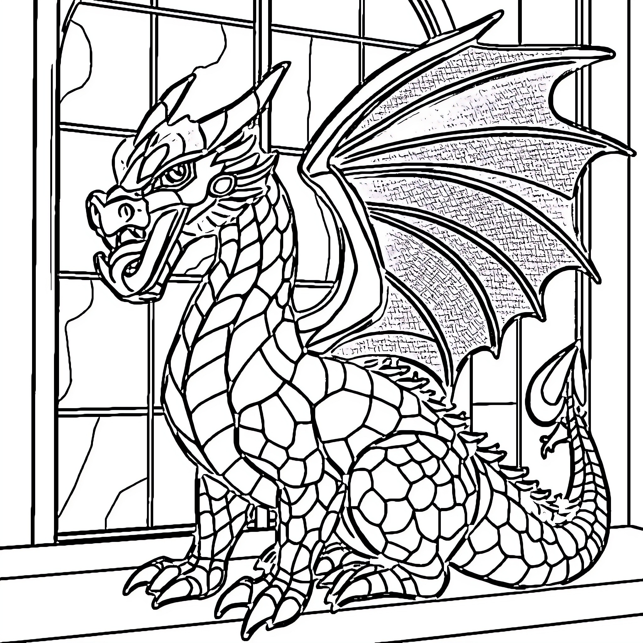 Dragon gazing through the stained glass window Coloring Page (free black-and-white line drawing printable PDF for all, from beginners to advanced learners, including children, teens, adults, and seniors)