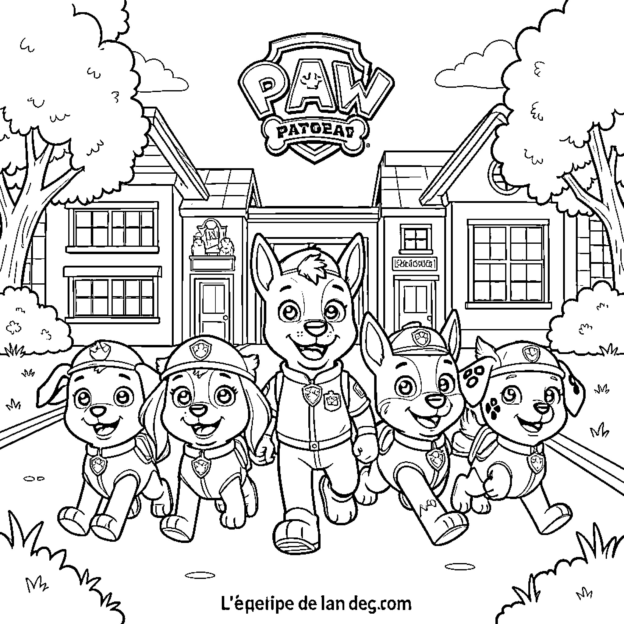 Paw Patrol pups running and smiling together happily Coloring Page (free black-and-white line drawing printable PDF for all, from beginners to advanced learners, including children, teens, adults, and seniors)