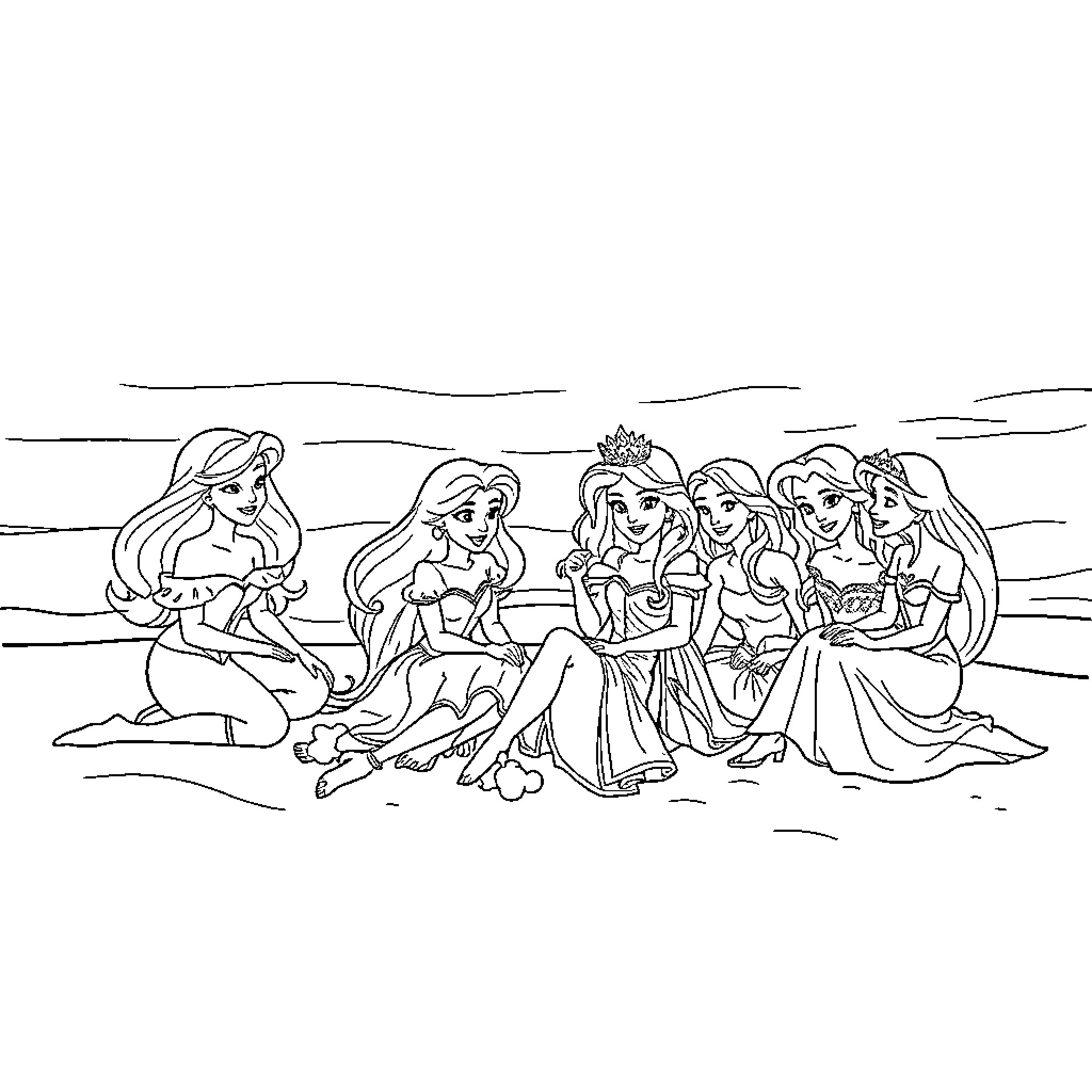 Disney Princesses Enjoying a Picnic Together Coloring Page (free black-and-white line drawing printable PDF for all, from beginners to advanced learners, including children, teens, adults, and seniors)