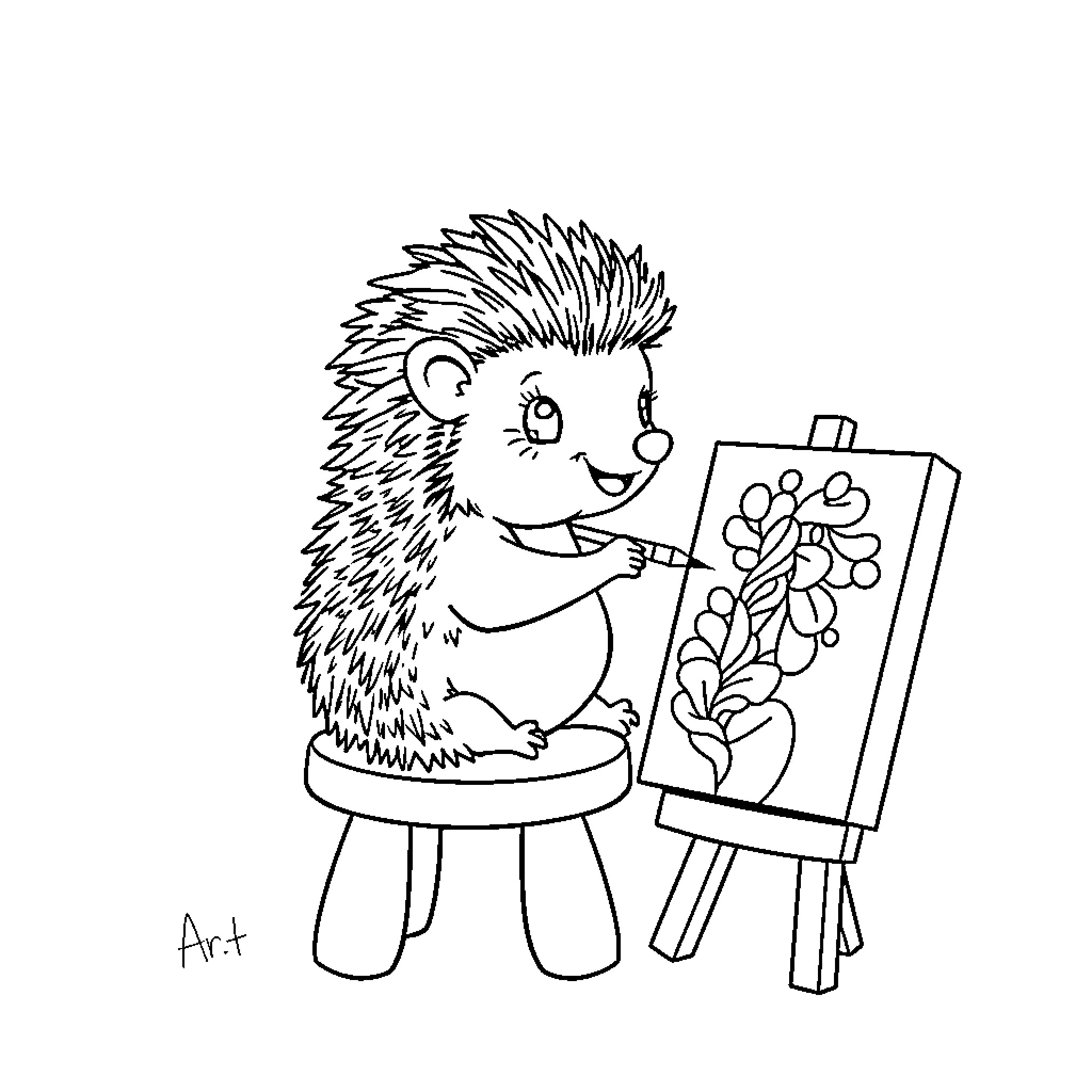 Hedgehog painting a flower on an easel Coloring Page (free black-and-white line drawing printable PDF for all, from beginners to advanced learners, including children, teens, adults, and seniors)