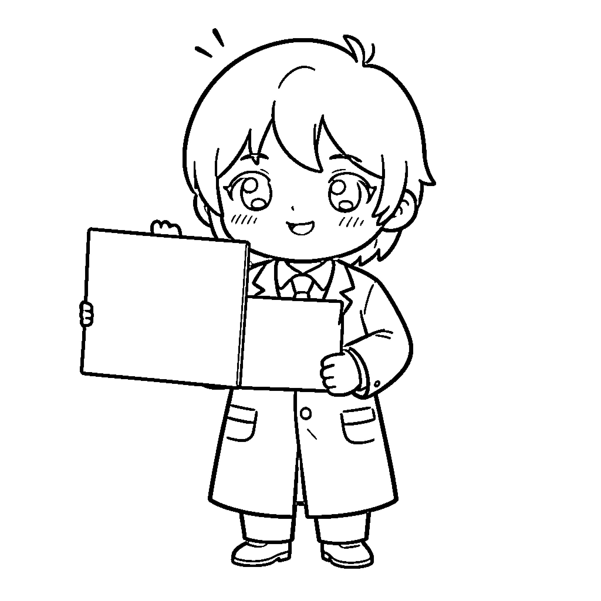 Personnage souriant en blouse de laboratoire tenant un dossier Coloring Page (free black-and-white line drawing printable PDF for all, from beginners to advanced learners, including children, teens, adults, and seniors)