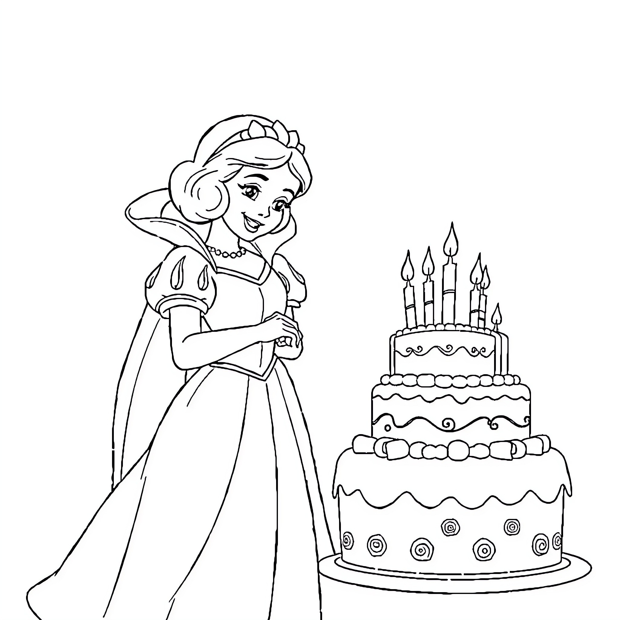 Snow White's Birthday Celebration with Cake Coloring Page (free black-and-white line drawing printable PDF for all, from beginners to advanced learners, including children, teens, adults, and seniors)