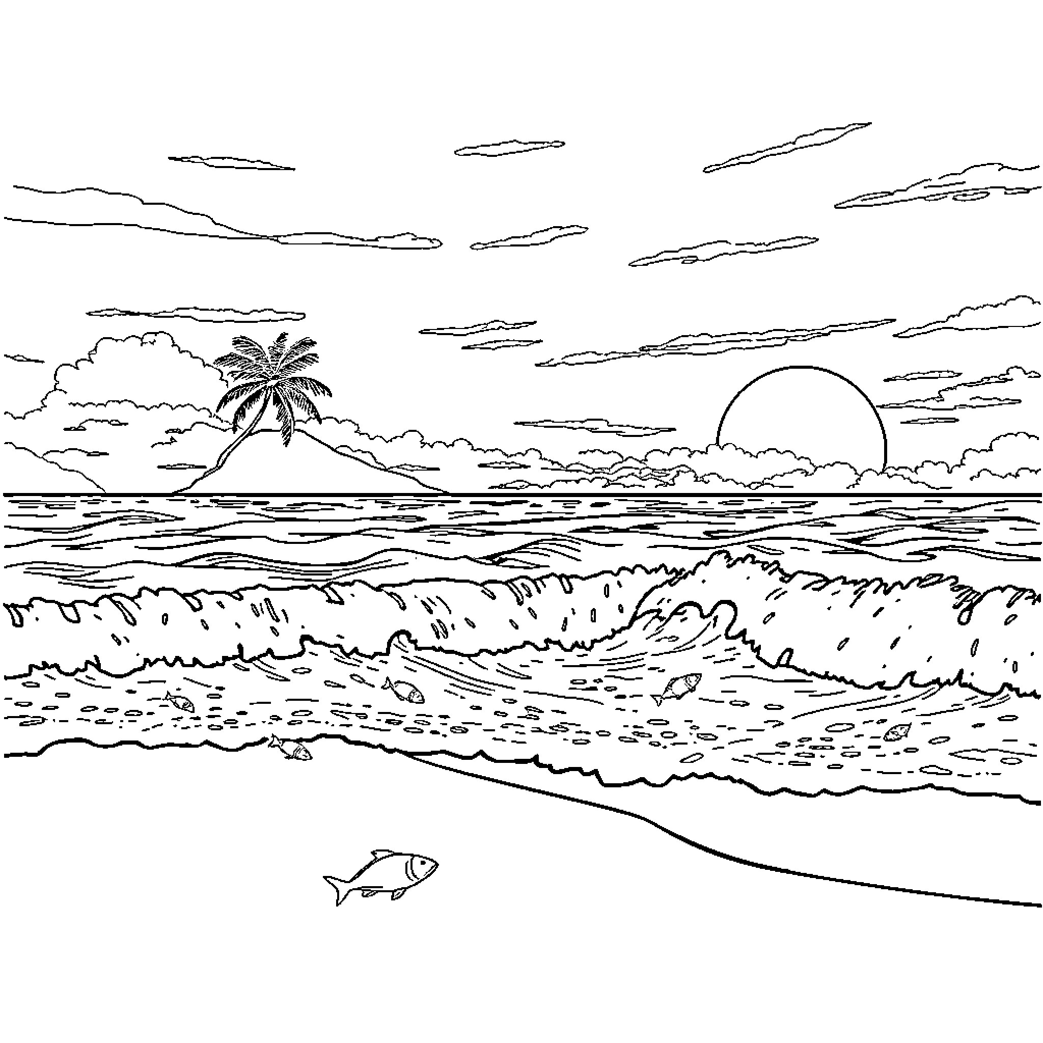 Beach scene with palm tree and sunset Coloring Page (free black-and-white line drawing printable PDF for all, from beginners to advanced learners, including children, teens, adults, and seniors)