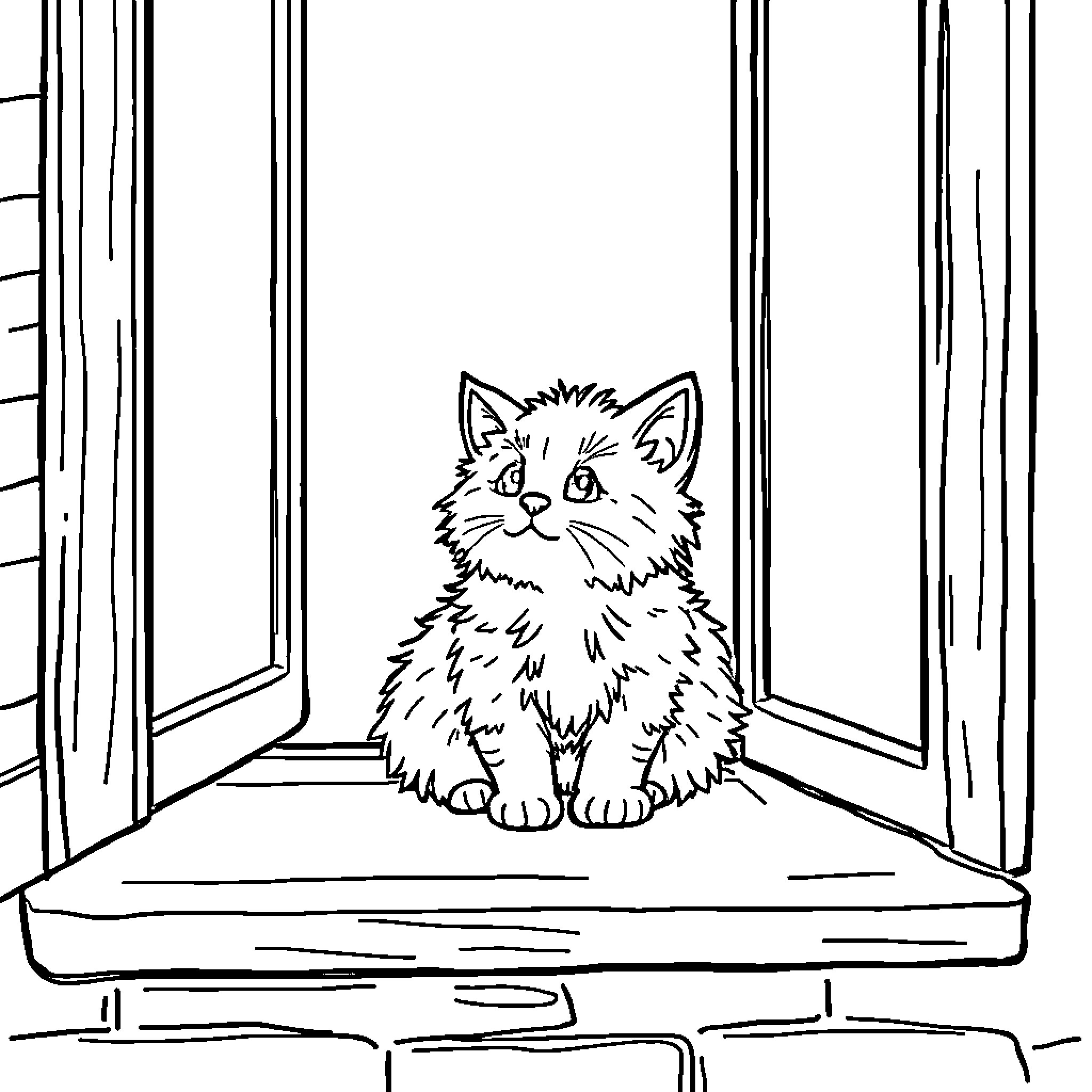Cat gazing out the window Coloring Page (free black-and-white line drawing printable PDF for all, from beginners to advanced learners, including children, teens, adults, and seniors)