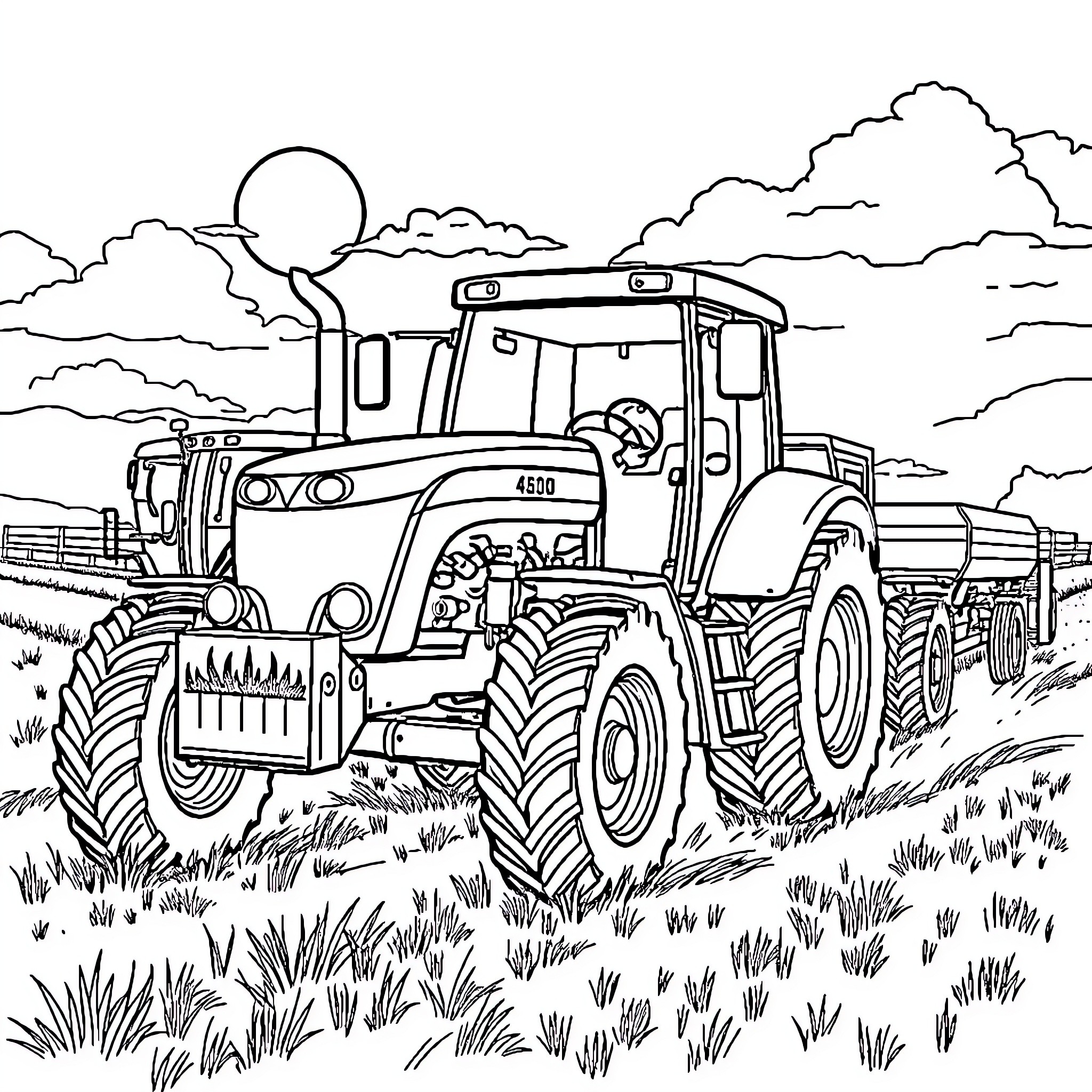 Tractor hauling trailer on countryside landscape Coloring Page (free black-and-white line drawing printable PDF for all, from beginners to advanced learners, including children, teens, adults, and seniors)