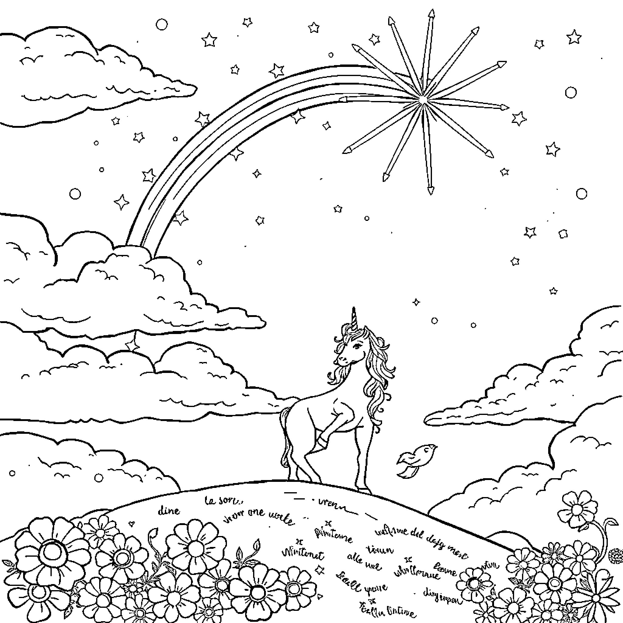 Unicorn frolicking amidst stars and flowers in the night sky Coloring Page (free black-and-white line drawing printable PDF for all, from beginners to advanced learners, including children, teens, adults, and seniors)