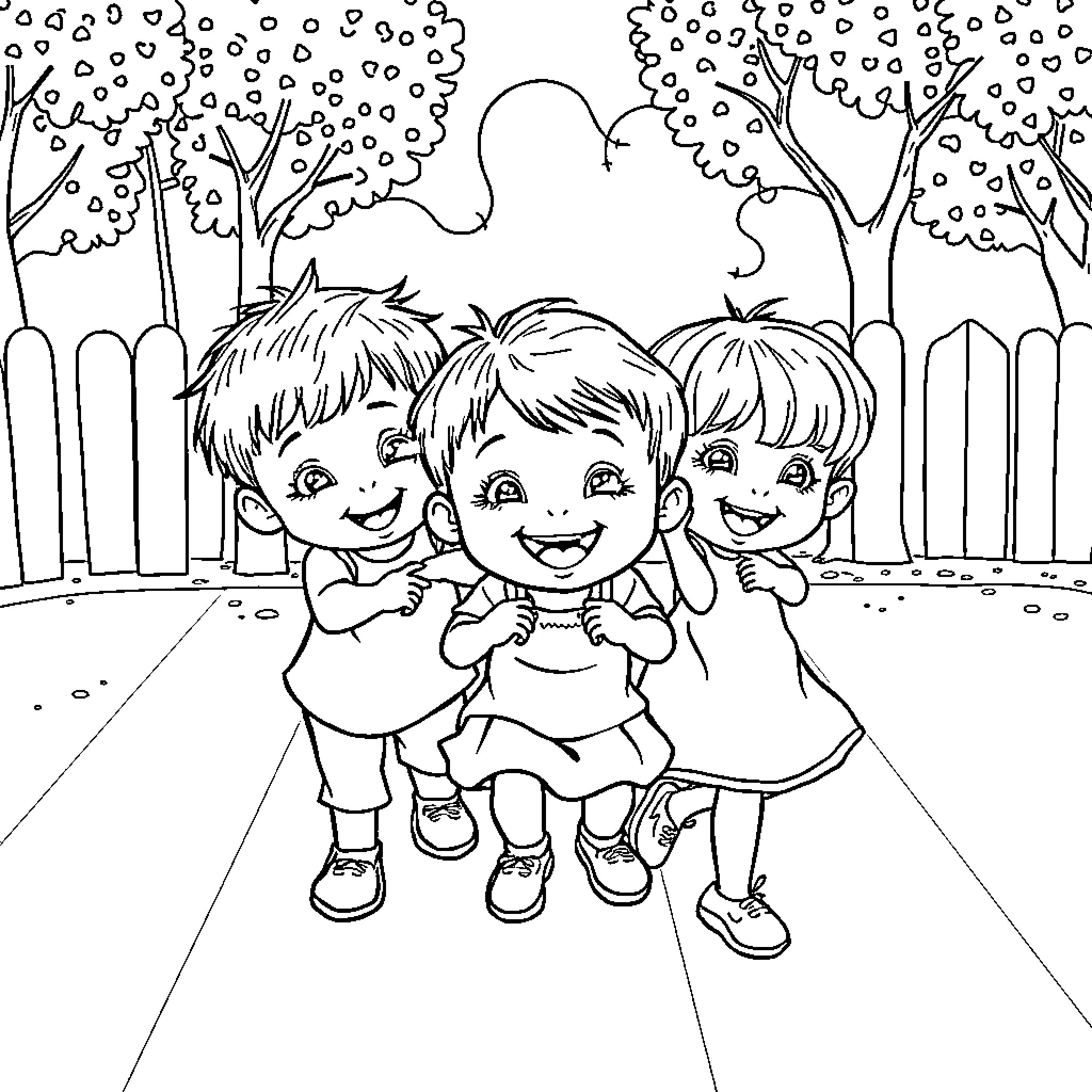 Child friends playing together outdoors Coloring Page (free black-and-white line drawing printable PDF for all, from beginners to advanced learners, including children, teens, adults, and seniors)
